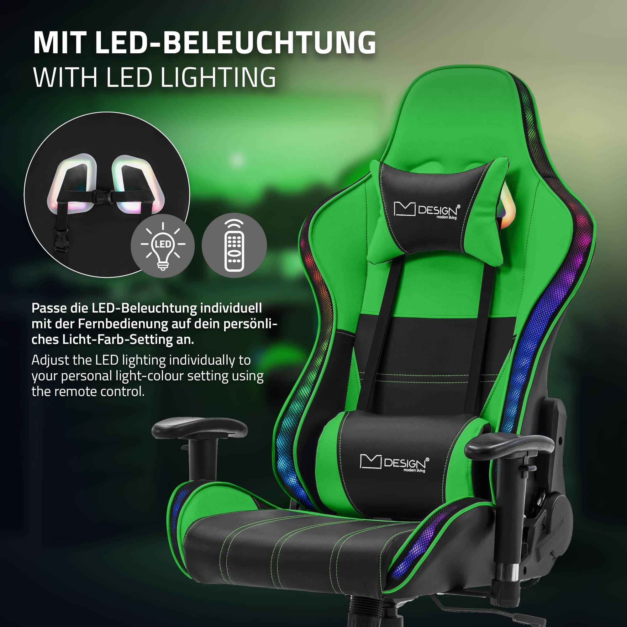 Zöld gaming szék LED világítással és távirányítóval.