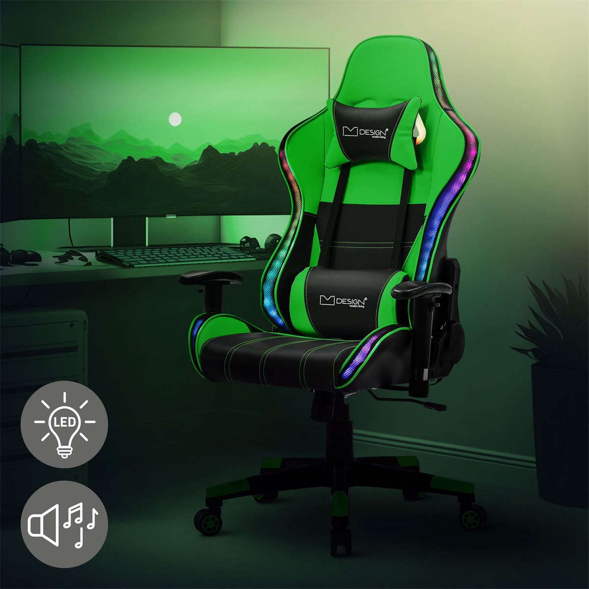 Una silla gaming verde con iluminación LED delante de una pantalla de ordenador.