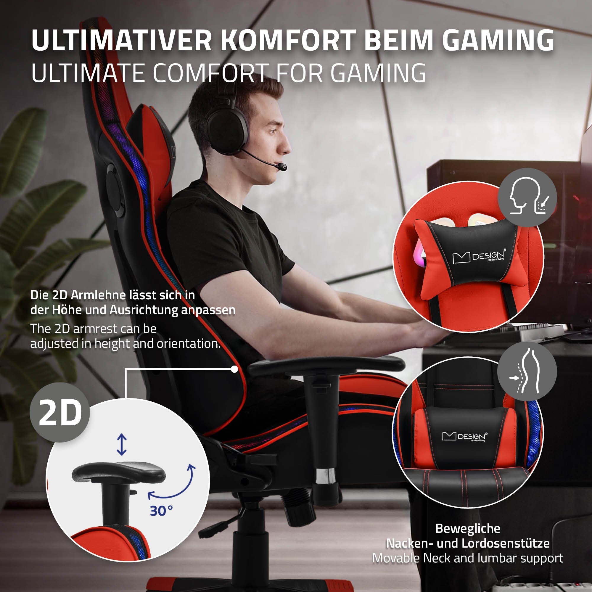 Gaming-stol med justerbare armlæn og ergonomisk støtte.