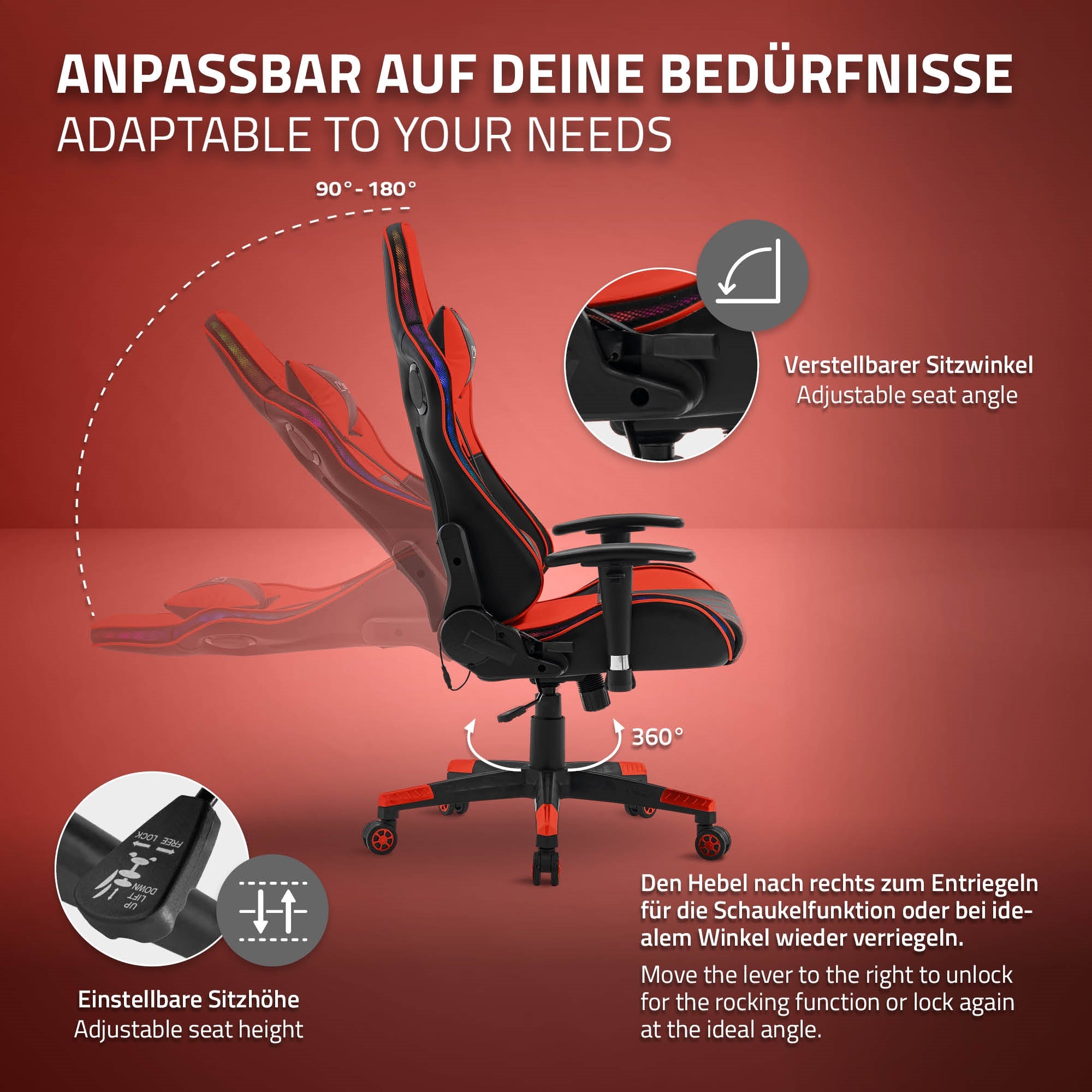 Grafik med en justerbar gaming-stol og beskrivelser af funktionerne.