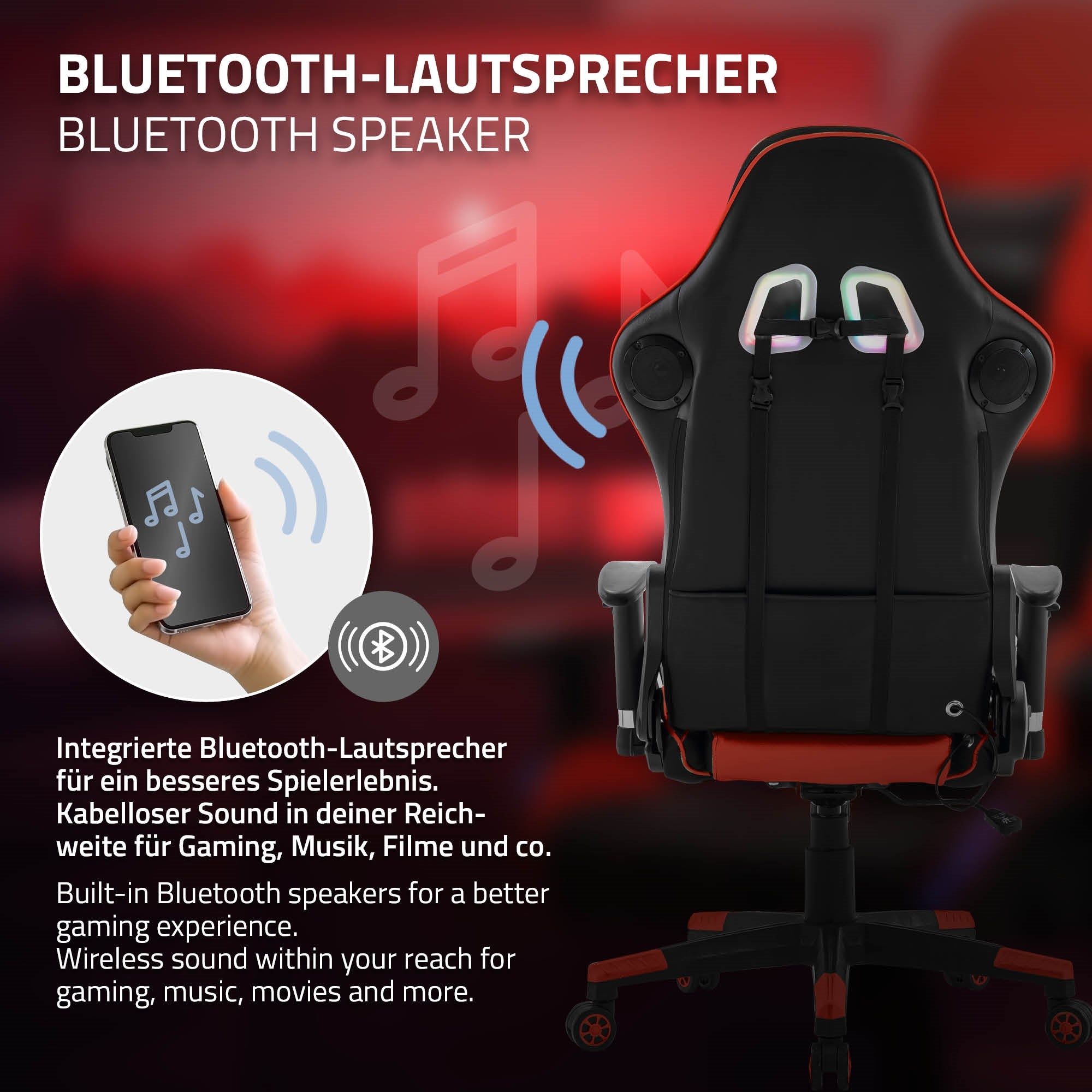 Sort gaming-stol med Bluetooth-højttalere og smartphone i hånden.