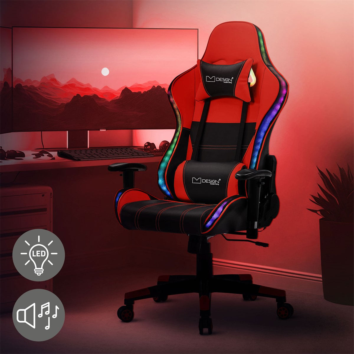 Image of a red gaming chair in front of a computer with LED lighting.