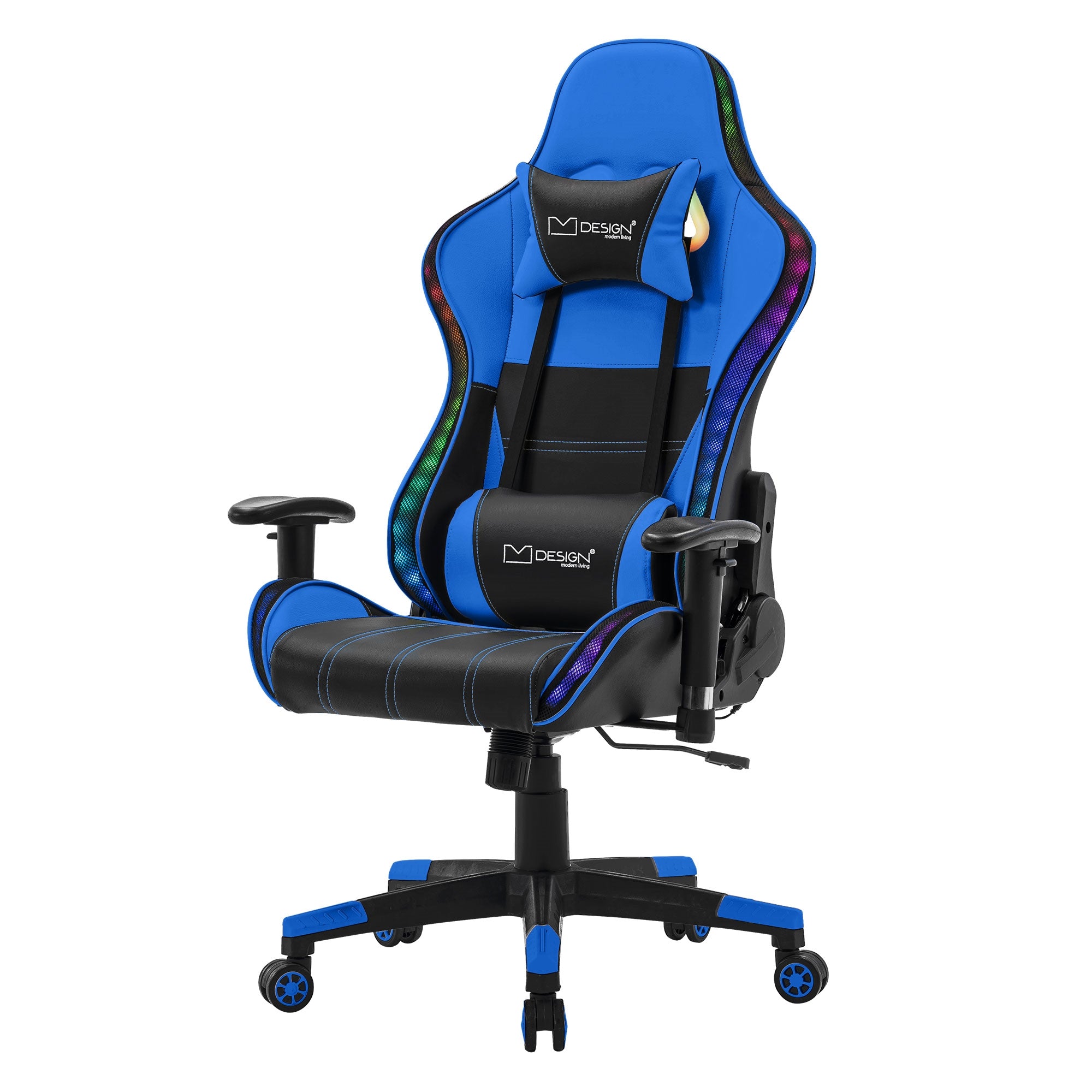 Blauer Gaming-Stuhl mit schwarzem Bezug und bunten Akzenten.
