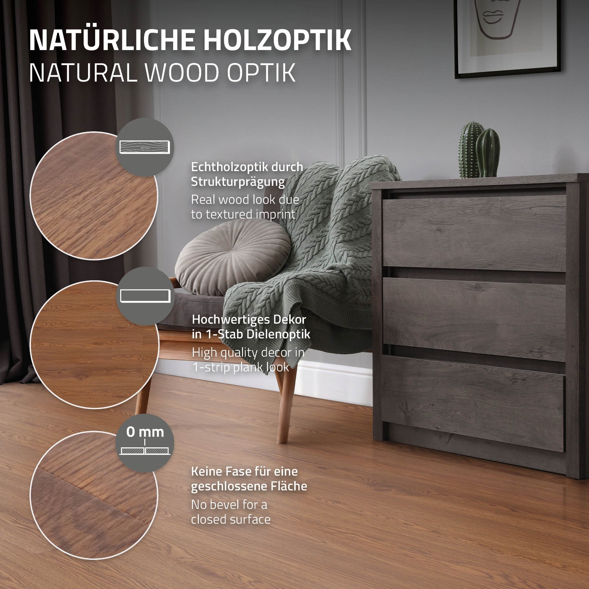 Holzoptik mit Strukturprägung, hochwertige Dielenoptik, keine Fase.