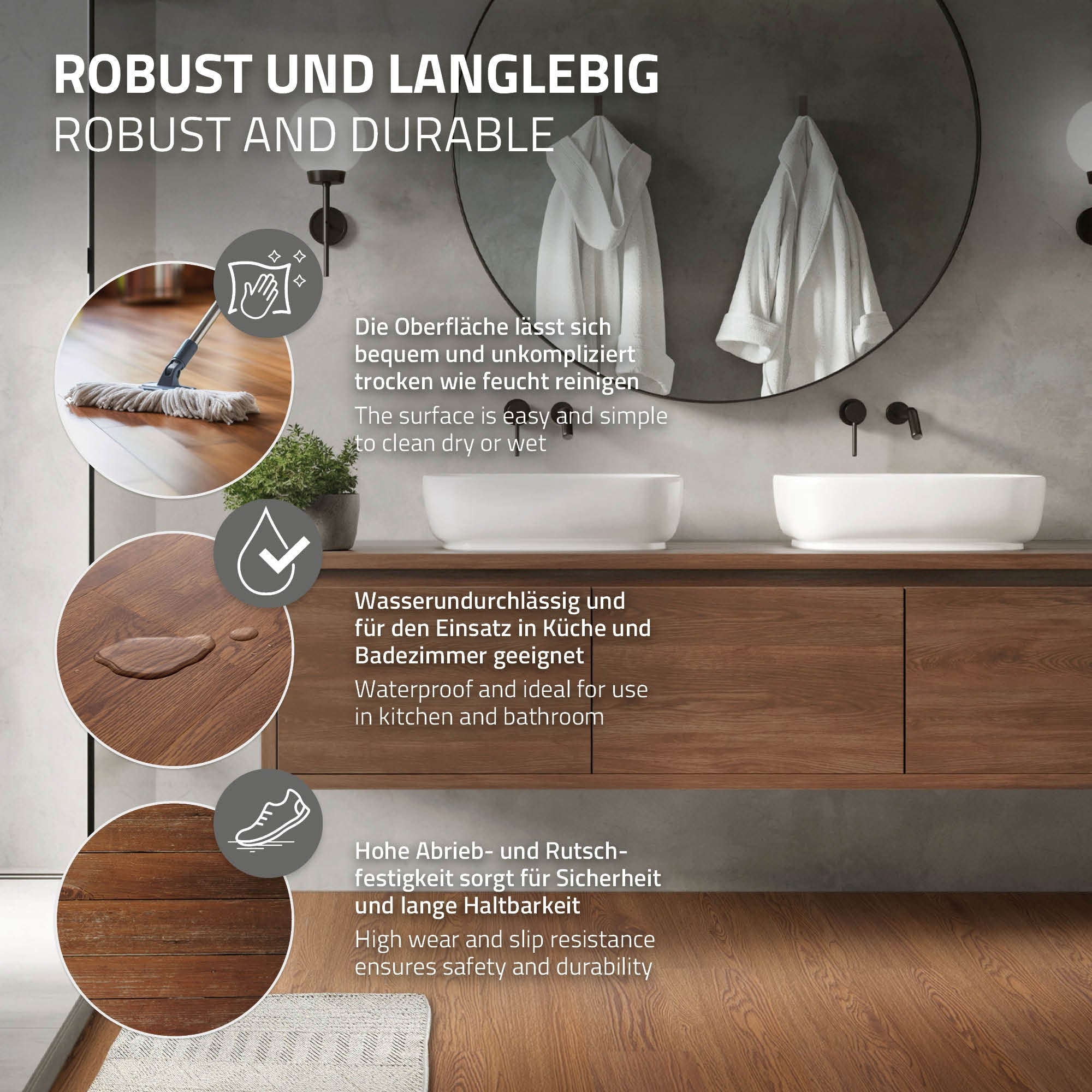 Wood surface with two sinks and mirror in the bathroom.