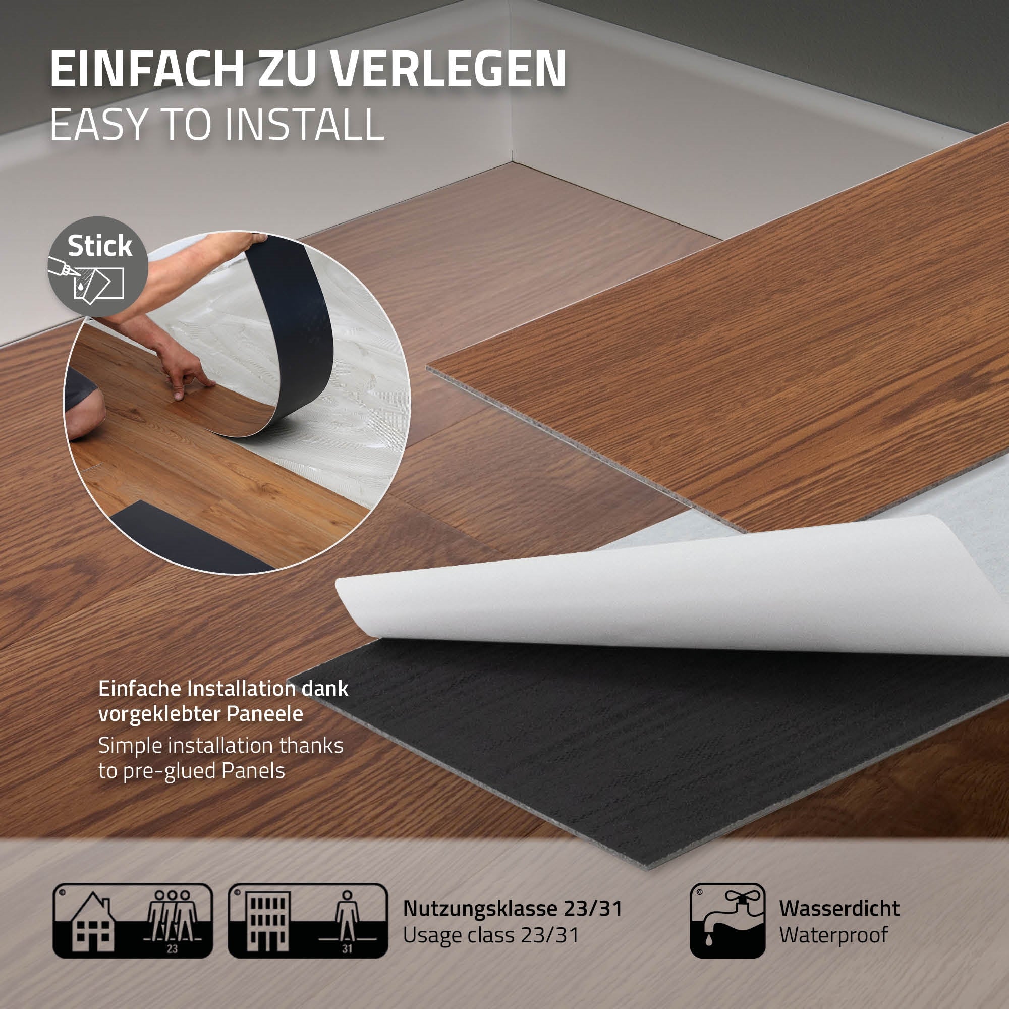 An image shows the installation of pre-glued panels on a floor.