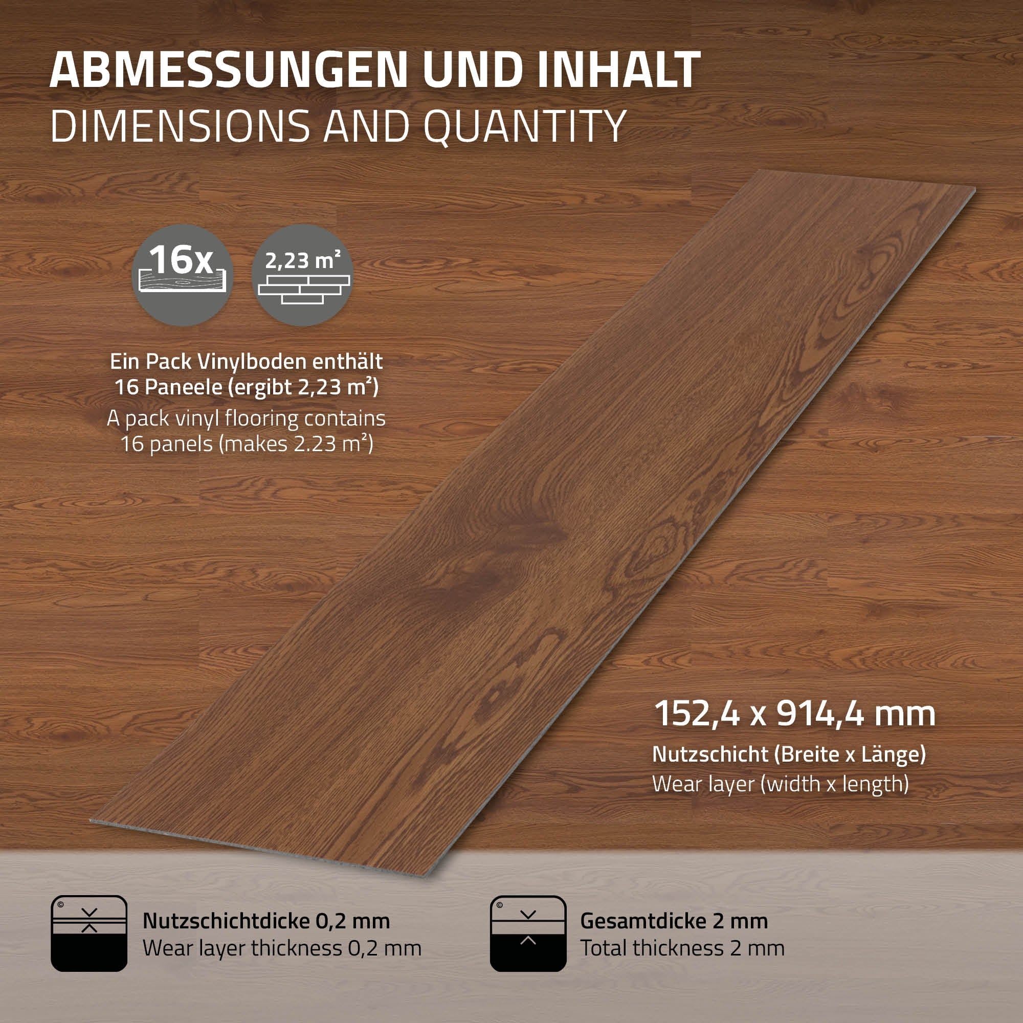 Vinylboden mit 16 Paneelen, Abmessungen 152,4 x 914,4 mm.