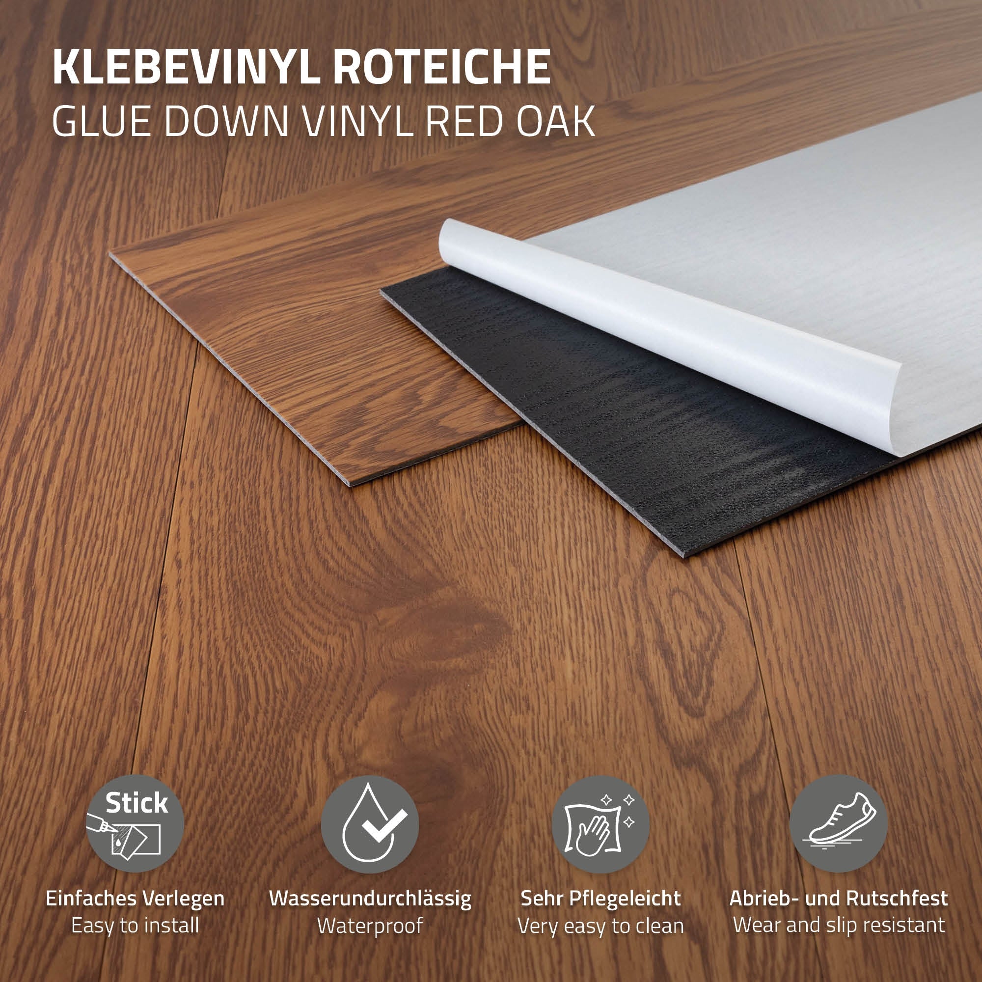 Zwei Bodenbeläge, einer in Holzoptik, der andere in Schwarz.