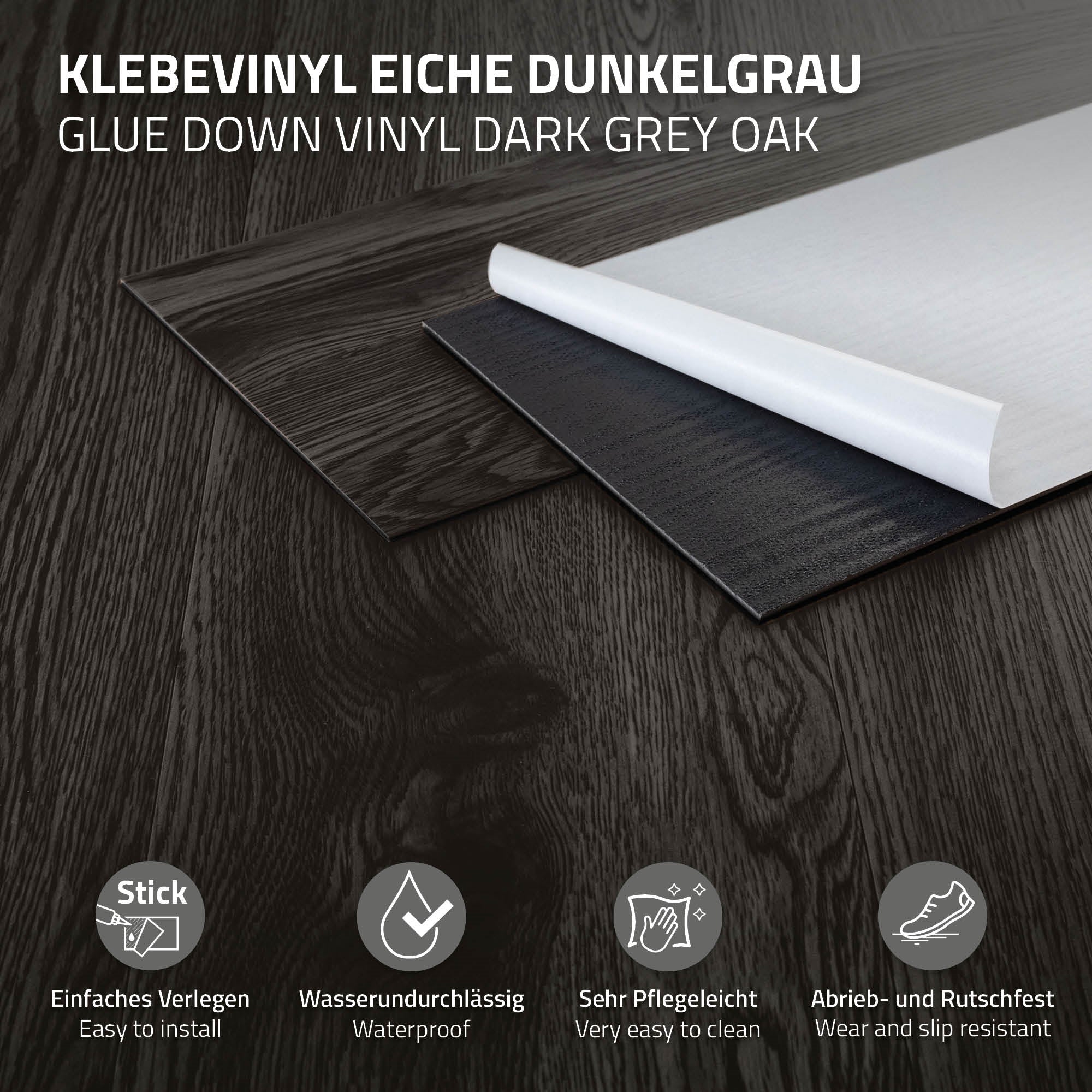 Mørkegrå klæbevinyl på en træbund, med symboler for vandtæthed og nem vedligeholdelse.