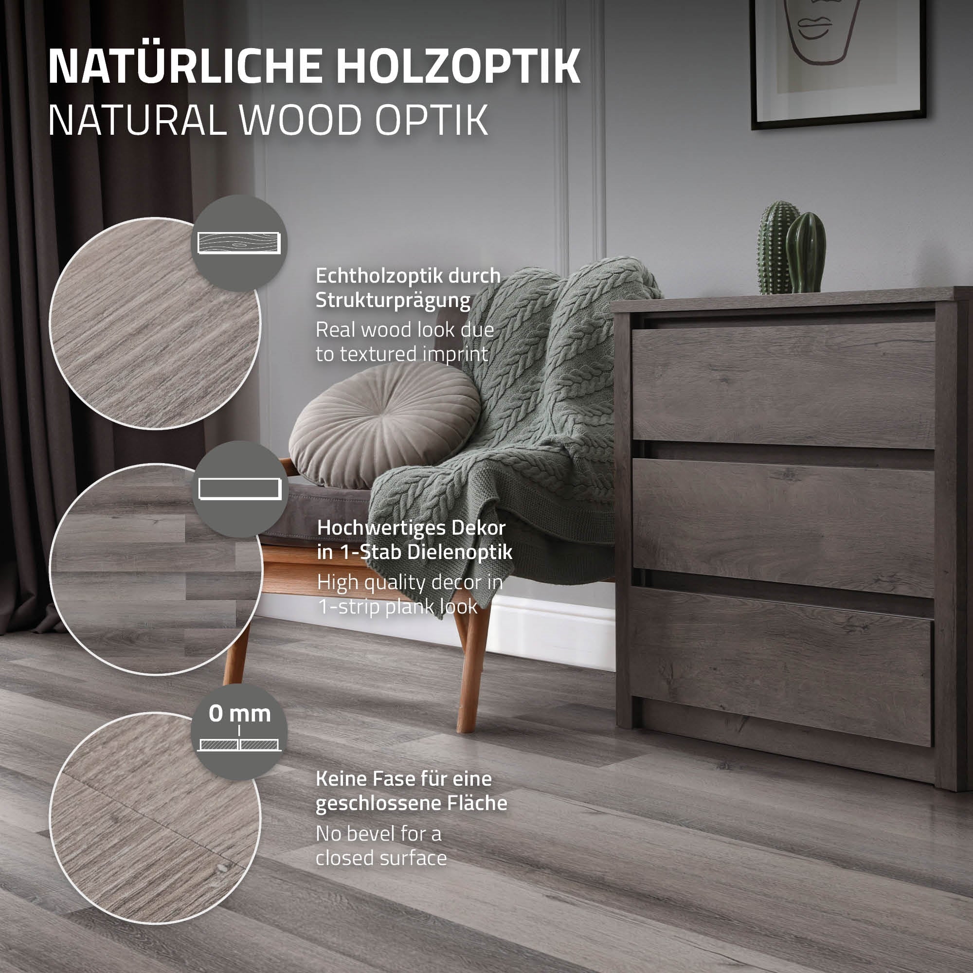 Nahaufnahme von Bodenbelag mit Texturen und Beschreibungen.