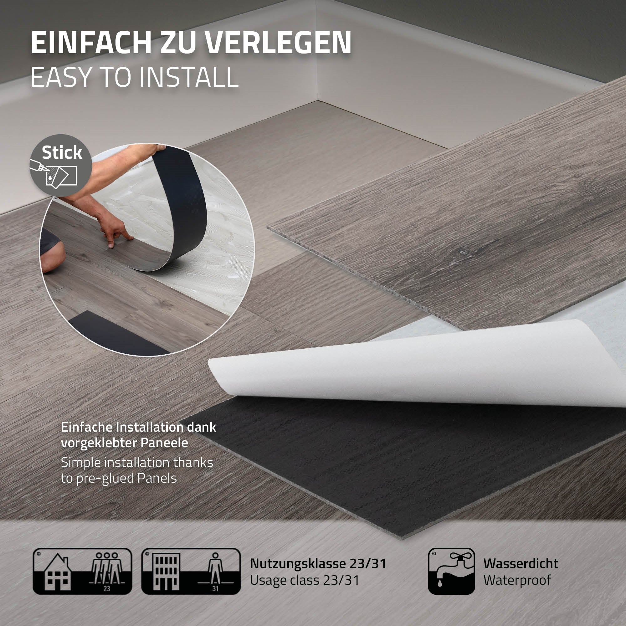 Bodenpaneele werden verlegt, eine schwarze und eine graue Paneele sind sichtbar.