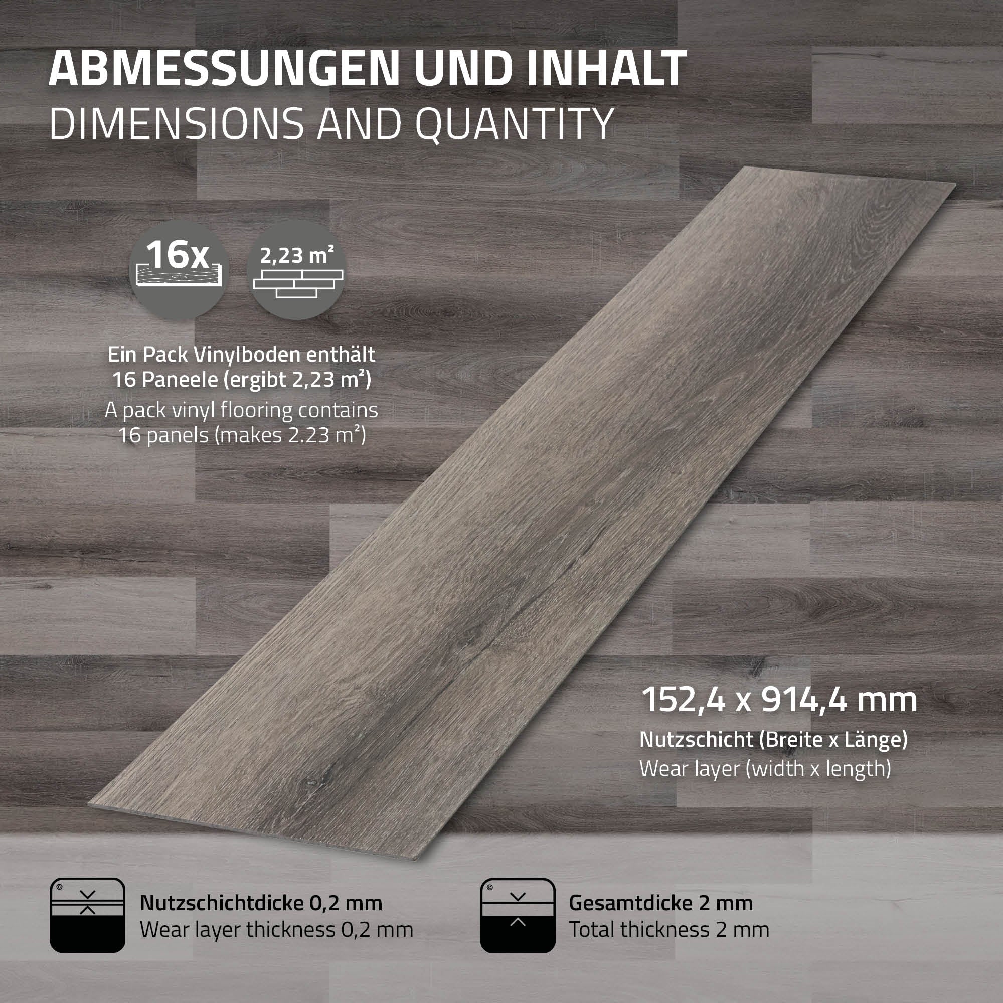 Ein graues Vinylbodenpaneel mit Abmessungen und Inhalt.