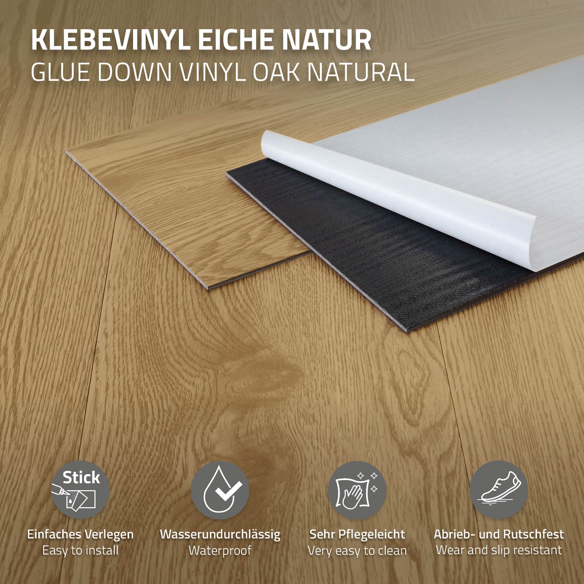 Klebebodenbelag aus Eiche in Naturfarbe, verlegt auf einem Holzfußboden.