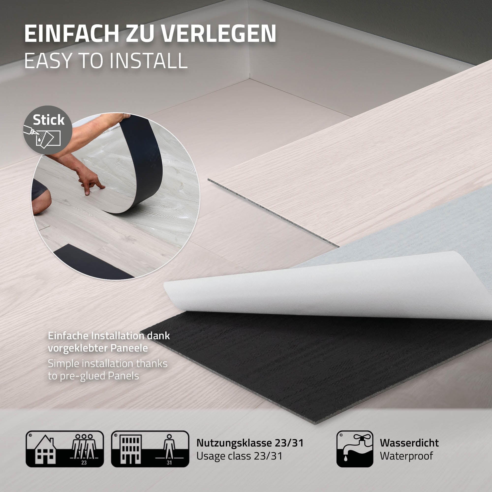Ein Bild zeigt die einfache Verlegung von Vinylpaneelen auf einem hellen Boden.