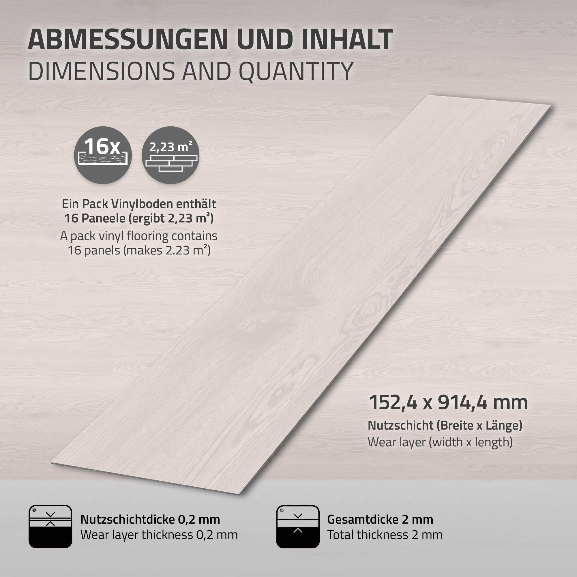 Ein Paket Vinylboden mit 16 Paneelen, Abmessungen und Inhalt sind angegeben.