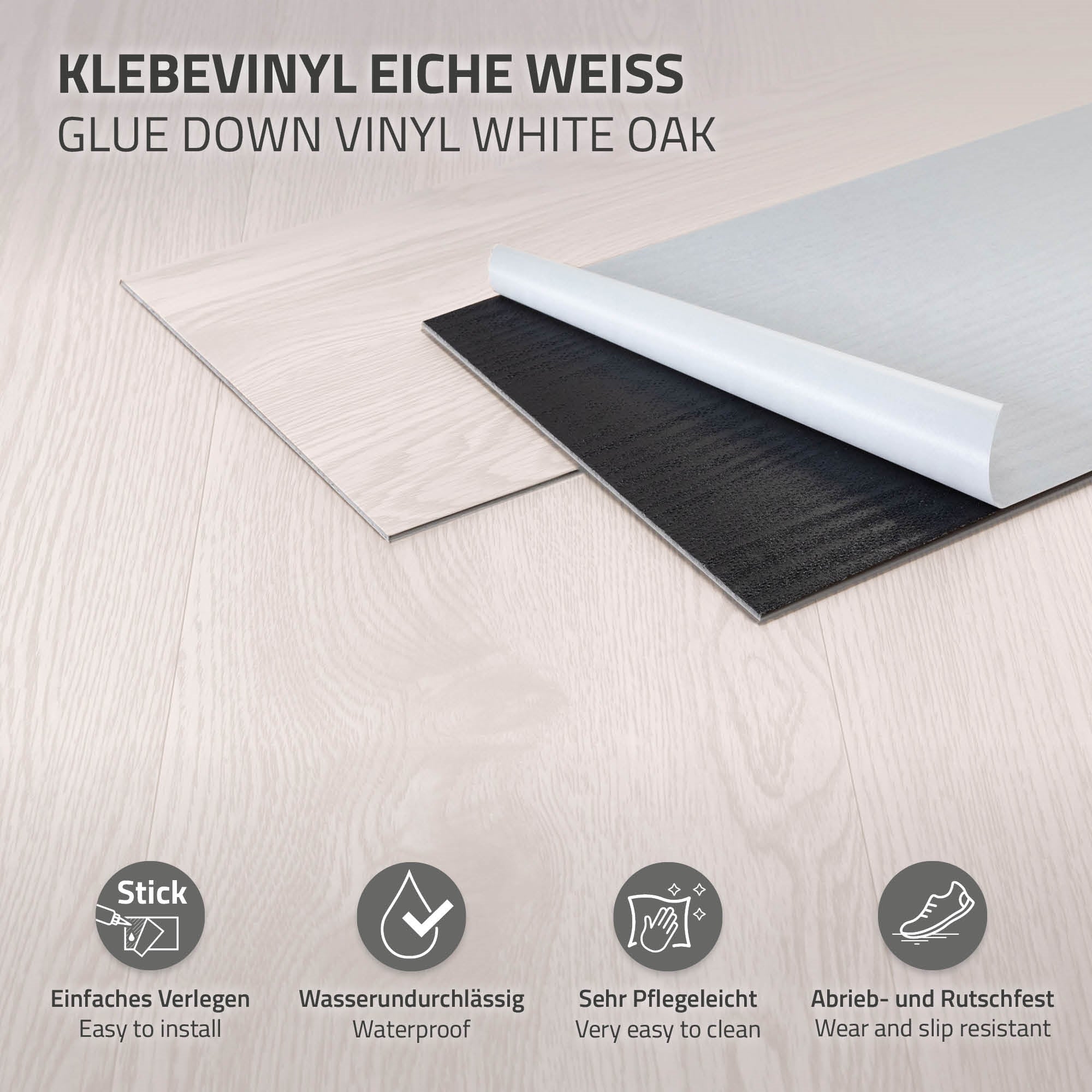 Klebeboden aus Eiche Weiß, einfach zu verlegen, wasserfest und pflegeleicht.