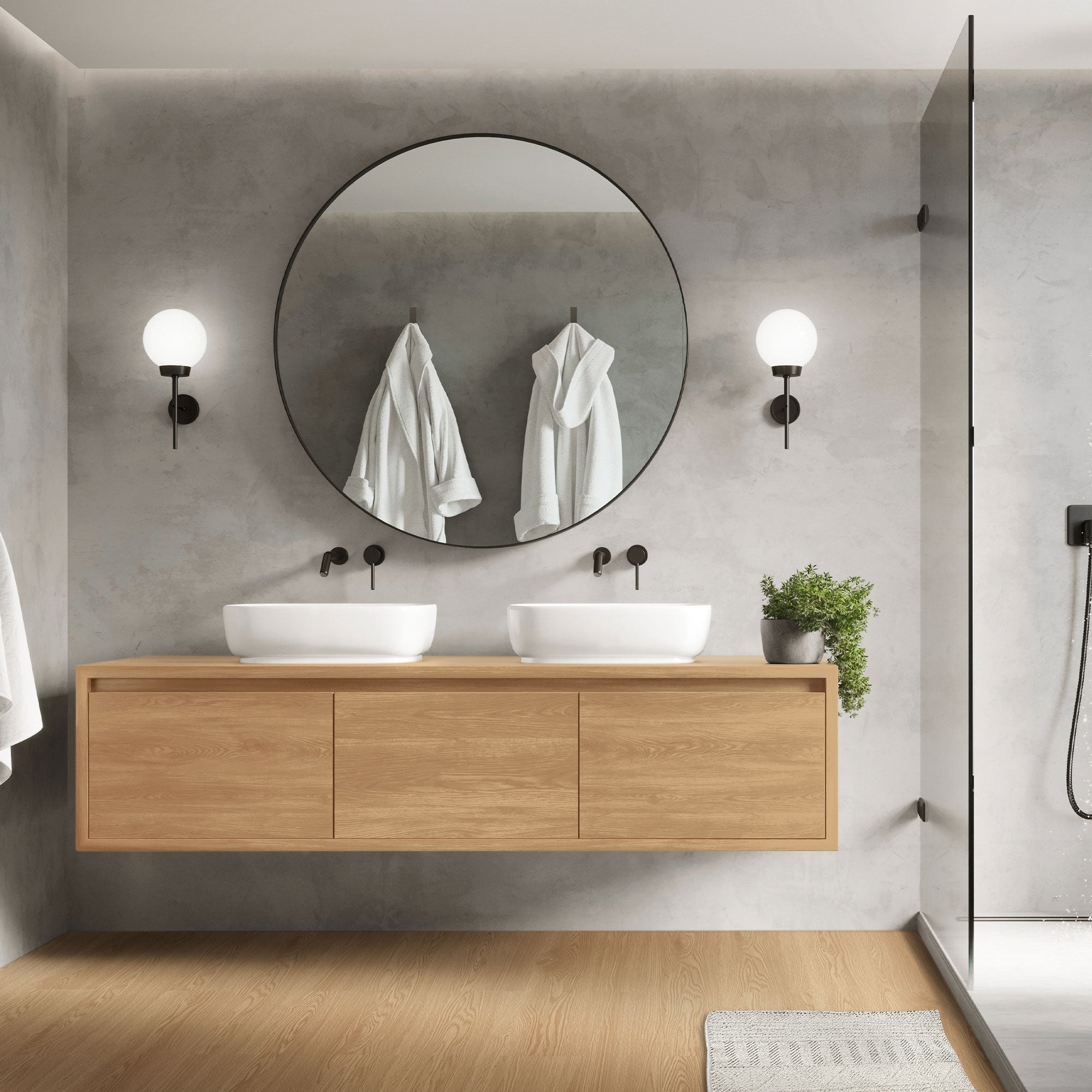 Modernes Badezimmer mit zwei Waschbecken, Spiegel und Handtüchern.