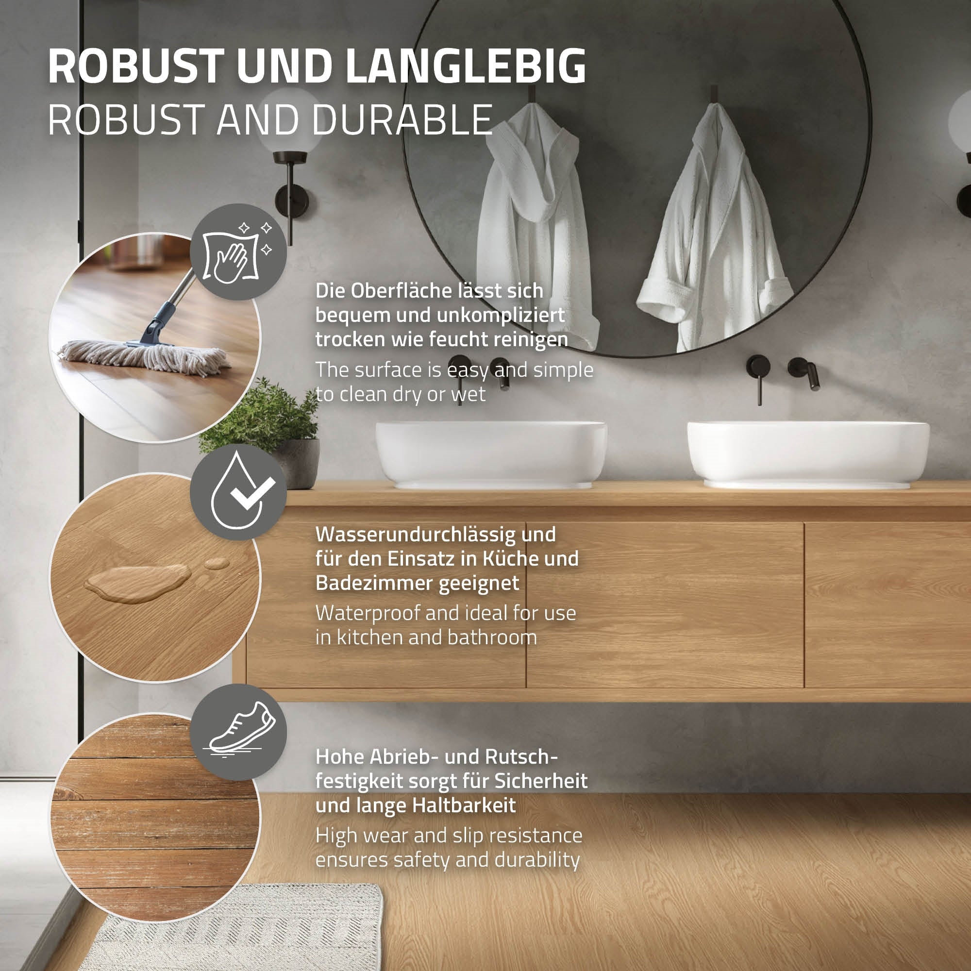 Infografik über robuste und langlebige Oberflächen für Küche und Bad.