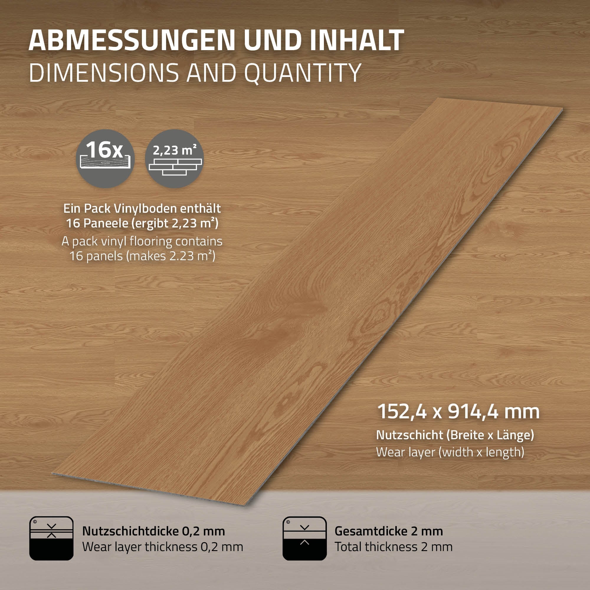 Grafik mit Abmessungen und Inhalt eines Pakets Vinylboden mit 16 Paneelen.