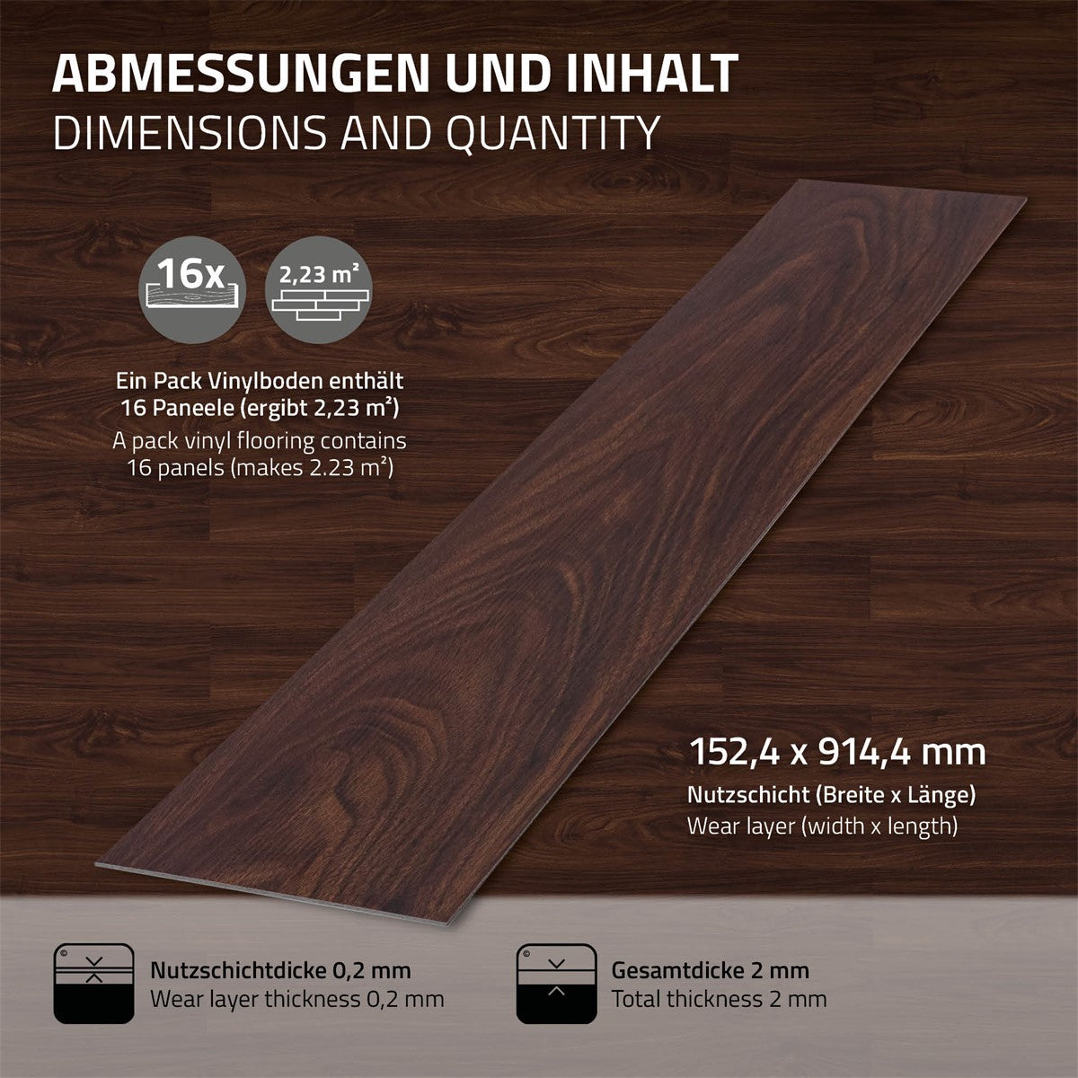 Packungsinhalt und Maße von Vinylboden, 16 Paneele, 152,4 x 914,4 mm.