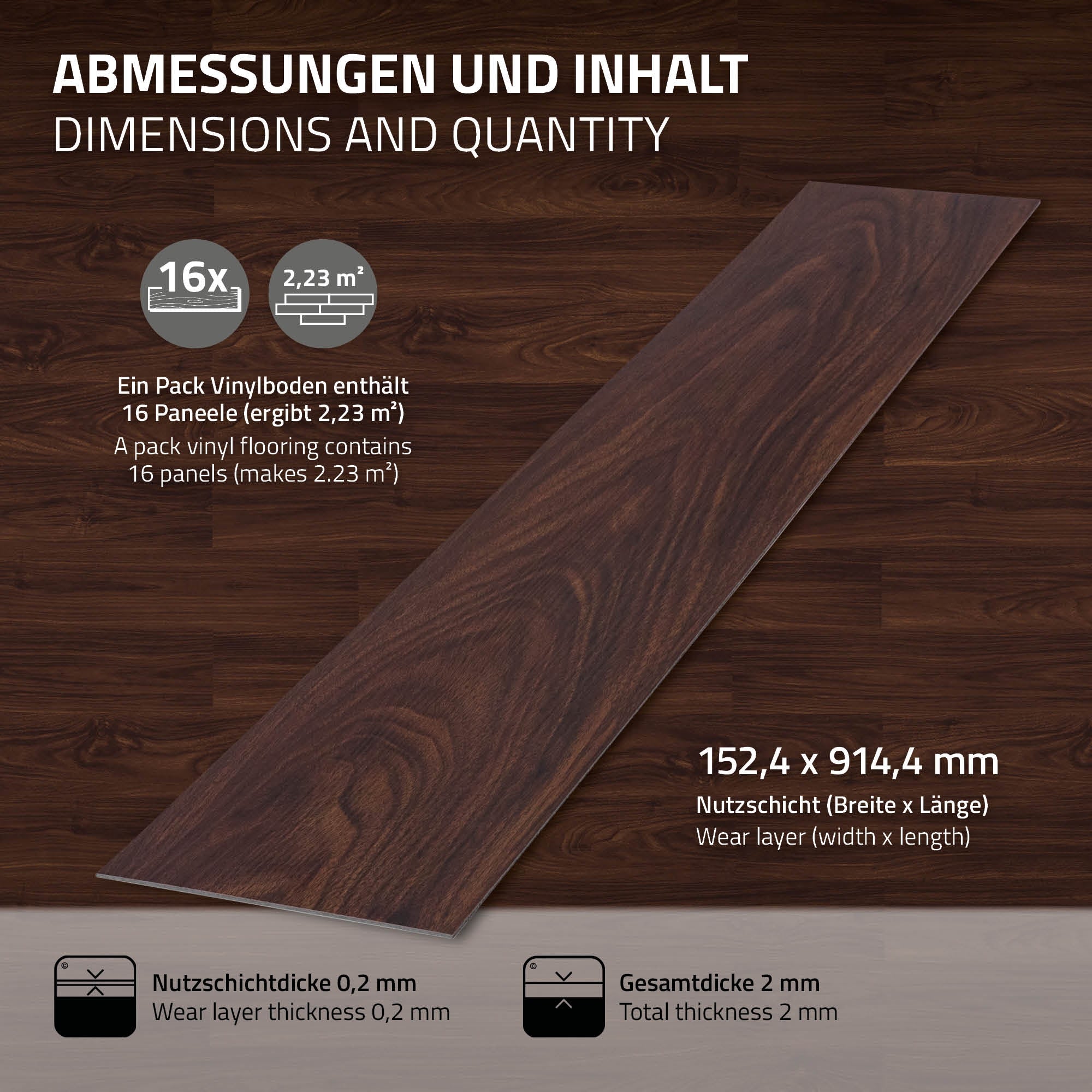 Packungsinhalt und Maße von Vinylboden, 16 Paneele, 152,4 x 914,4 mm.