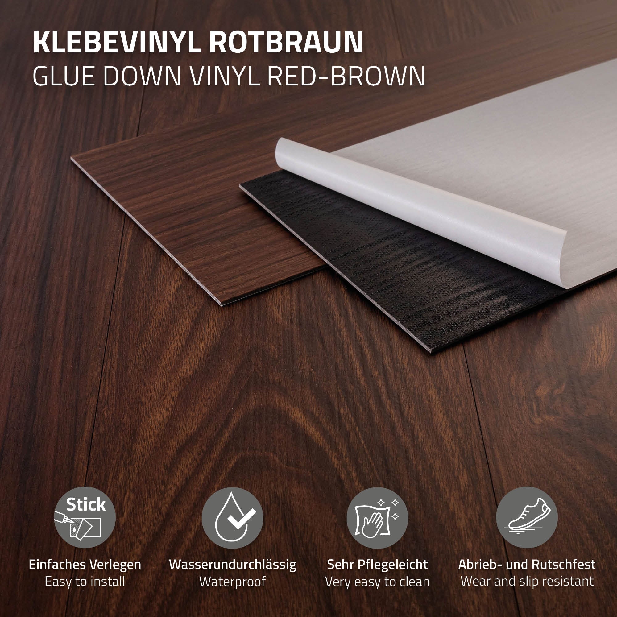 Grafik mit Informationen zu klebevinyl in rotbraun, wasserfest und pflegeleicht.