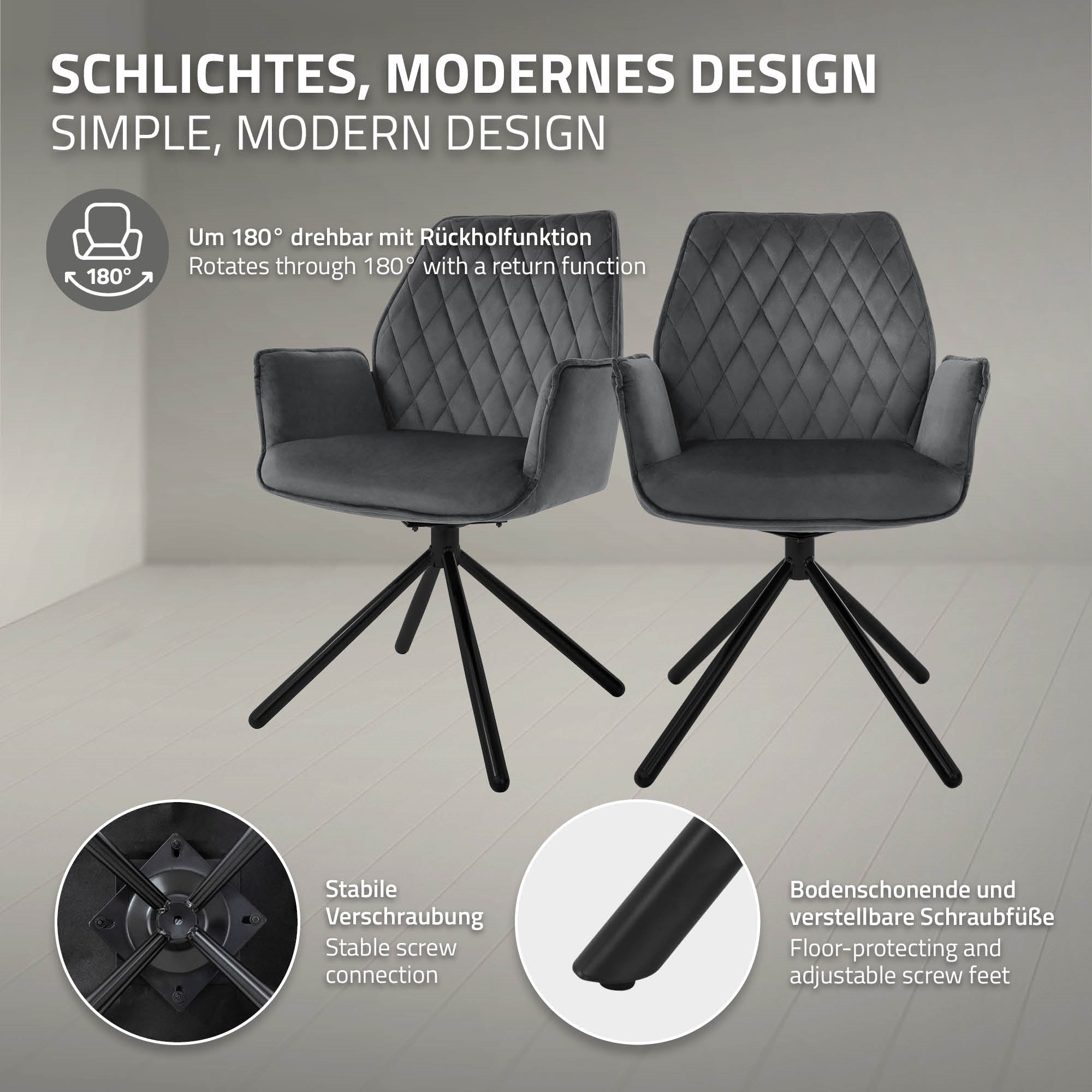 Zwei drehbare Stühle mit modernem Design, graue Polsterung und schwarze Füße.