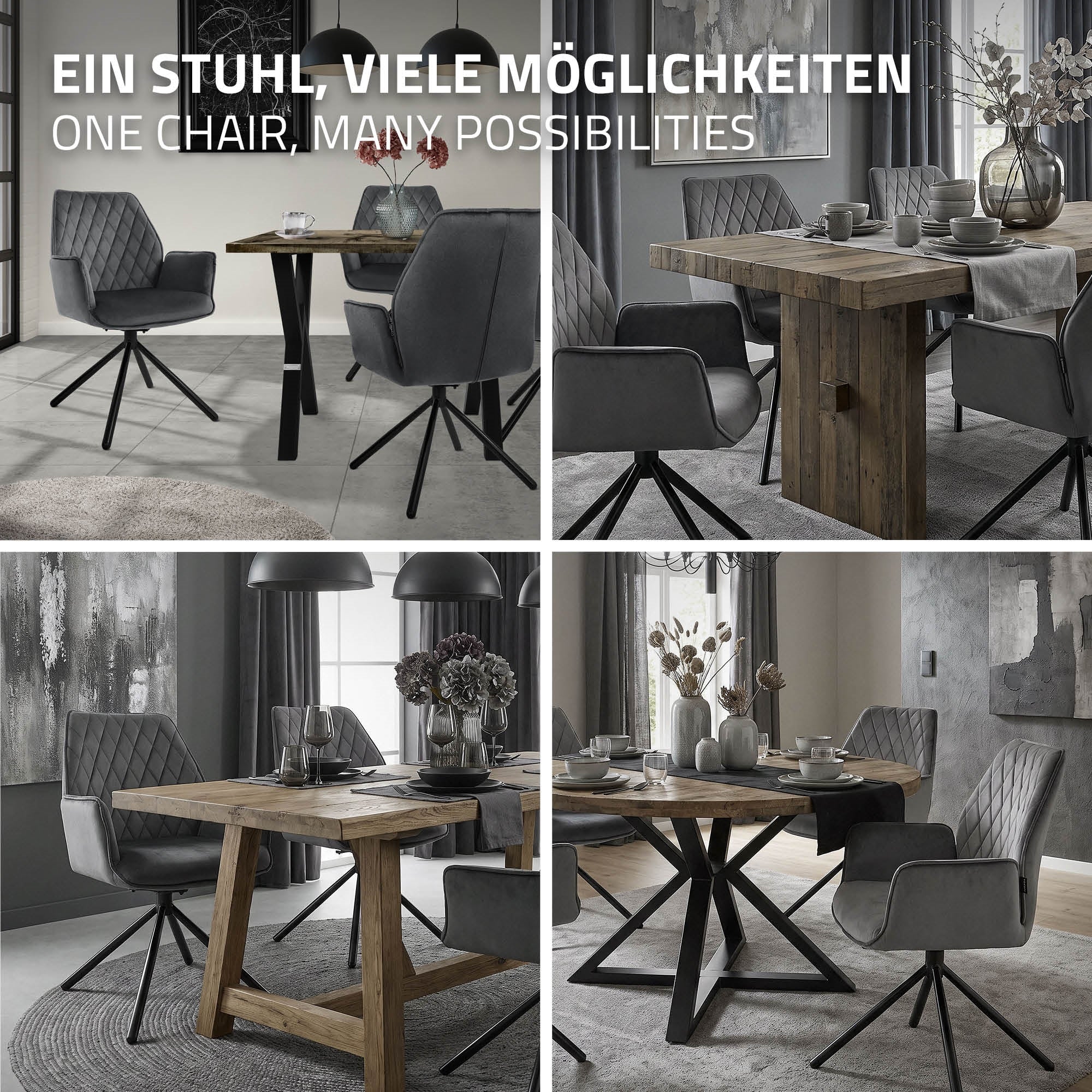Vier Bilder eines Esszimmers mit verschiedenen Stuhl- und Tischanordnungen.