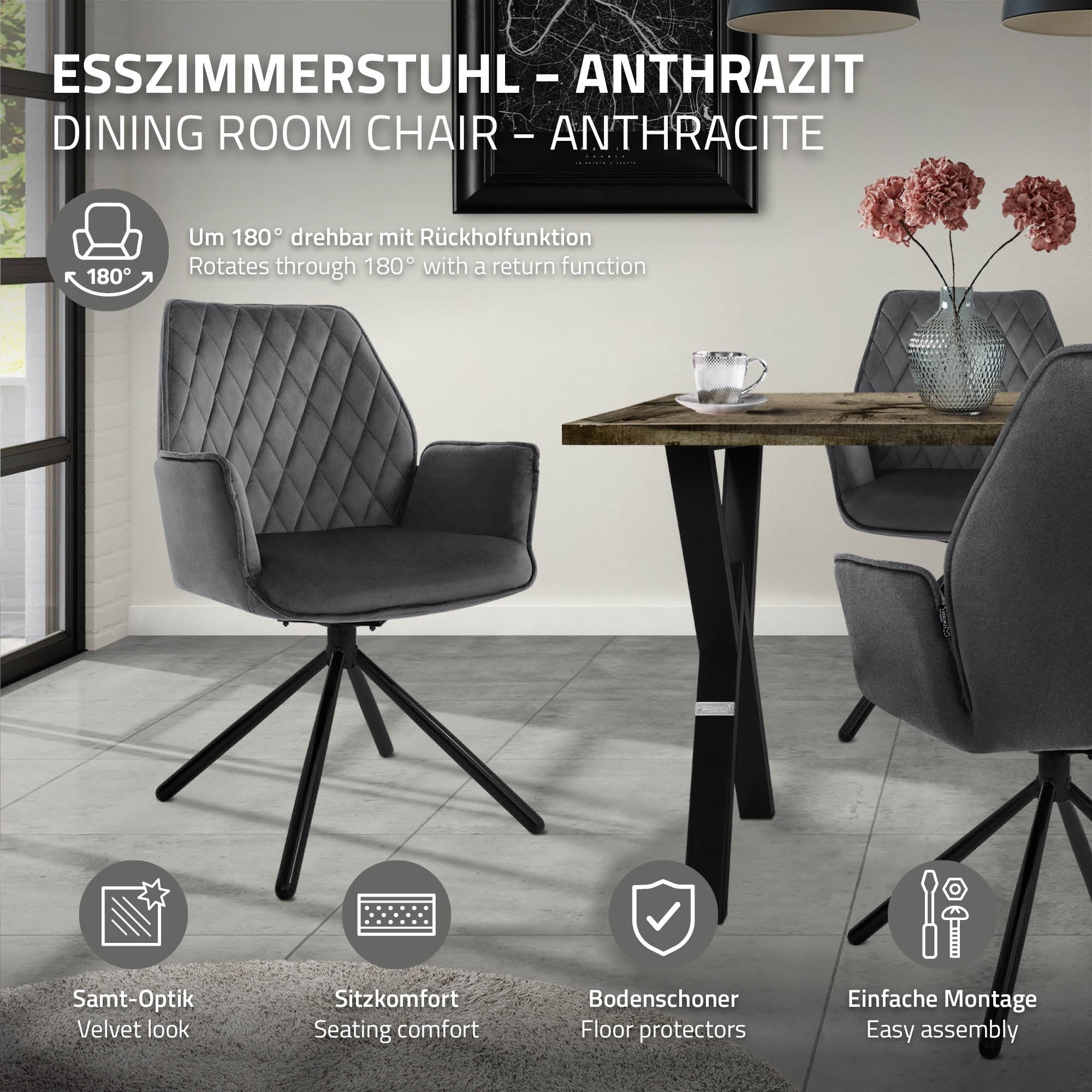 Ein anthrazitfarbener Esszimmerstuhl mit drehbarer Funktion und Tisch.