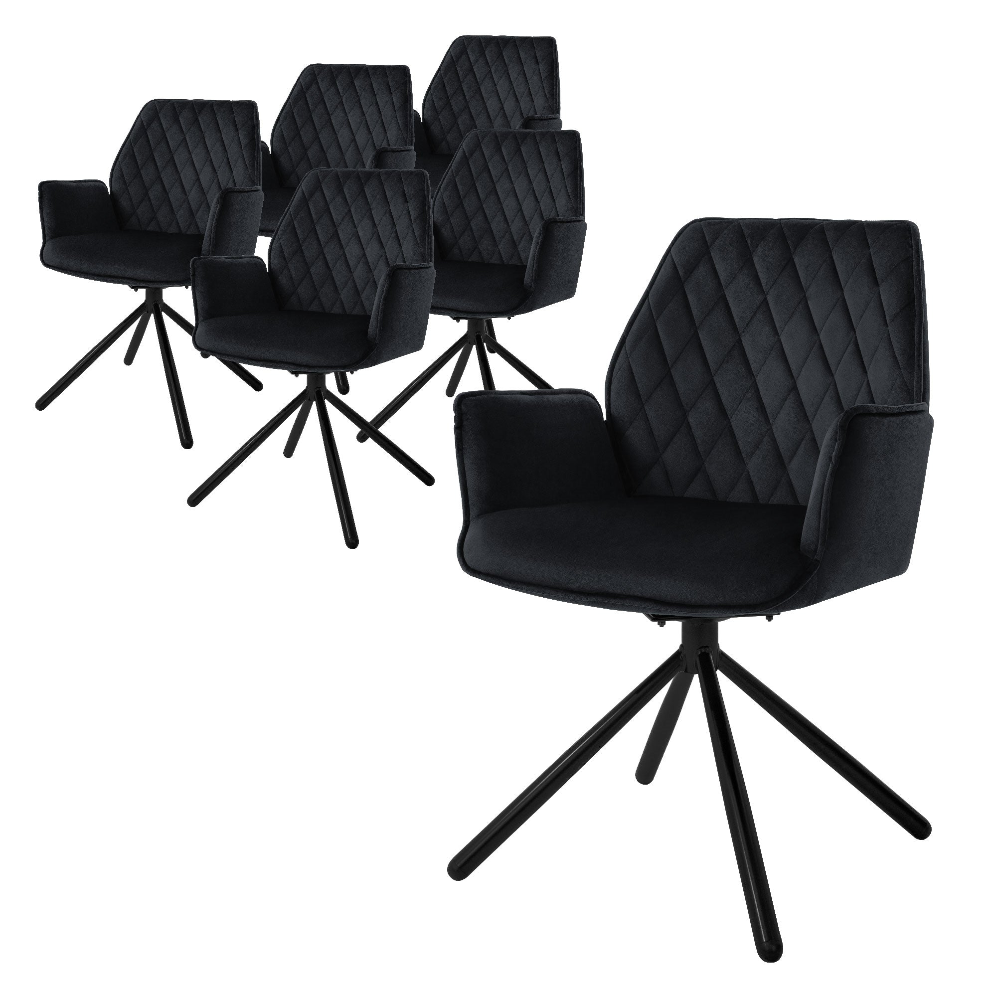 Sechs schwarze Stühle mit gepolstertem Sitz und Rückenlehne auf einem schwarzen Gestel