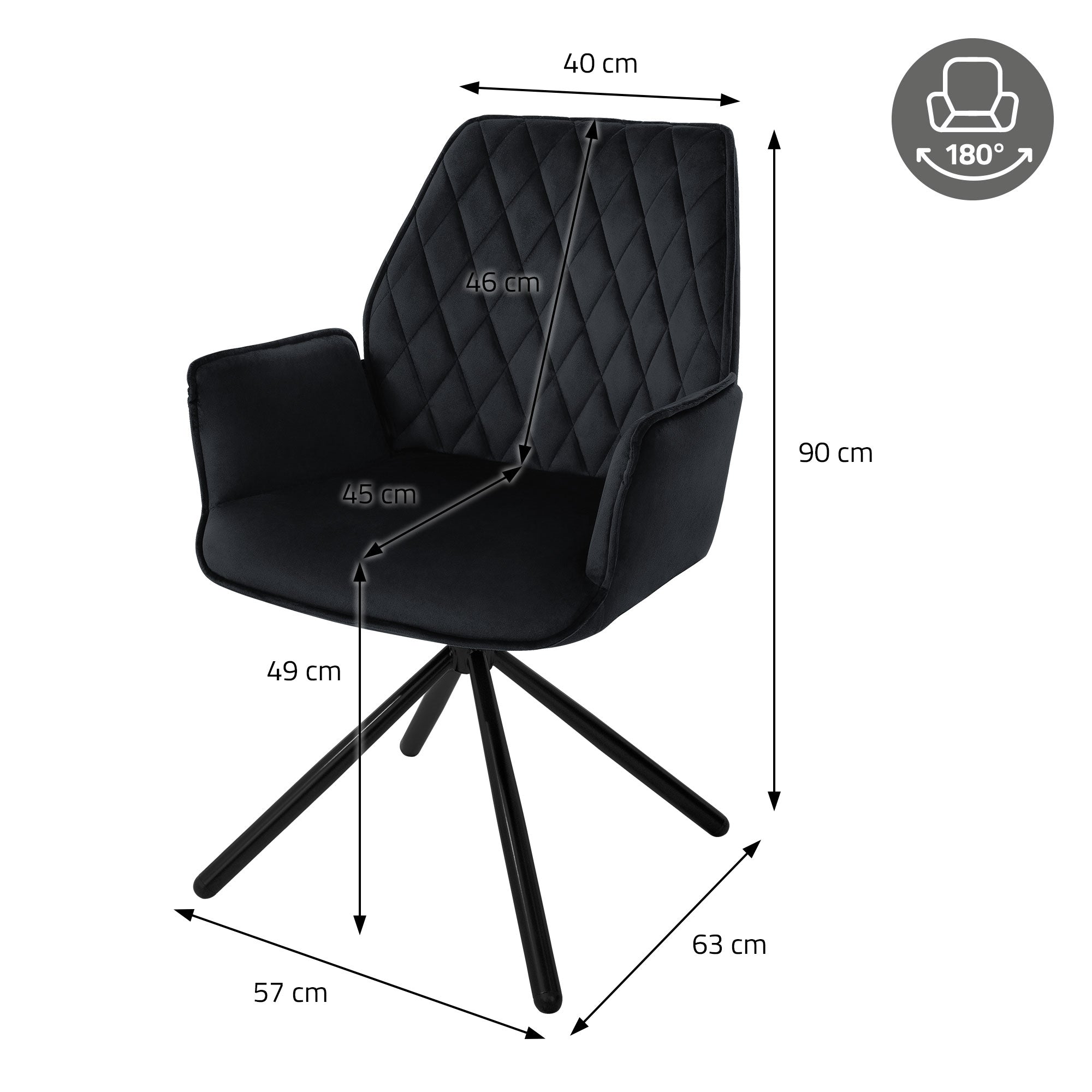 Måltegning af en sort stol med dimensioner i cm.