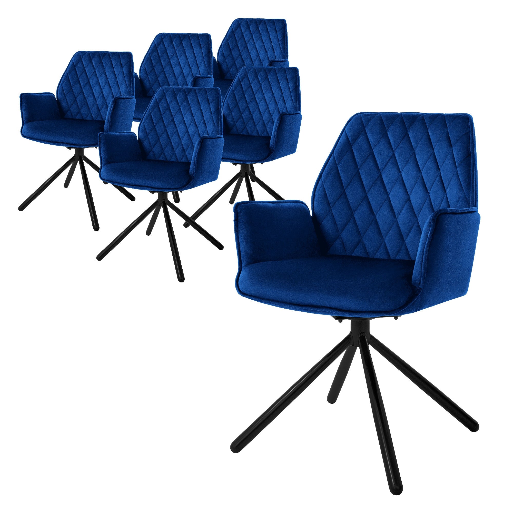 Sechs blaue Stühle mit gepolstertem Sitz und Rückenlehne auf einem schwarzen Gestell.