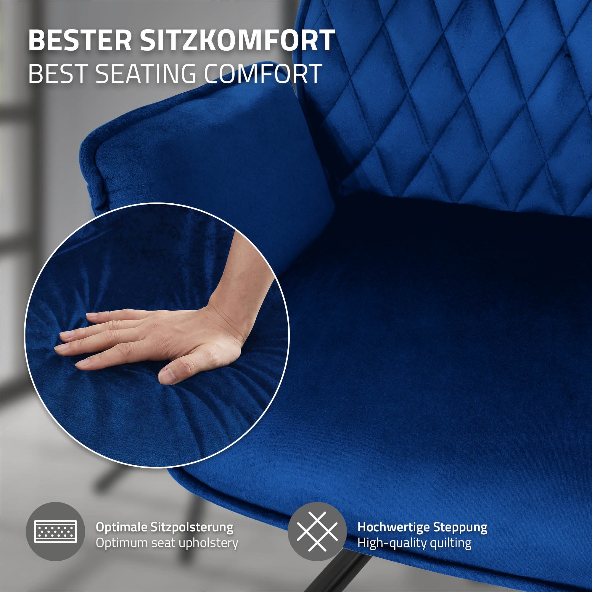 Primer plano de una silla azul con tapizado de alta calidad.