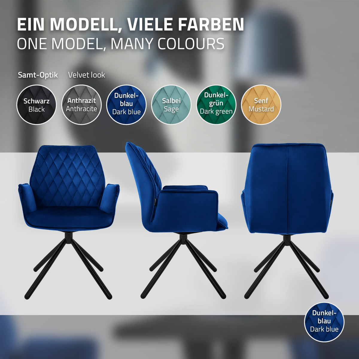 Silla en varios colores, con aspecto de terciopelo y diseños modernos.