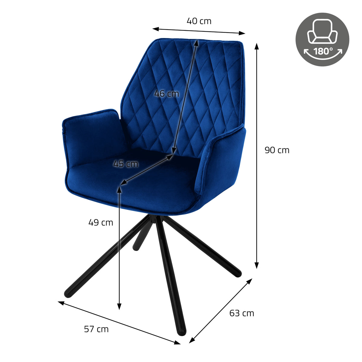 Dibujo técnico de una silla de comedor azul con dimensiones y función giratoria.