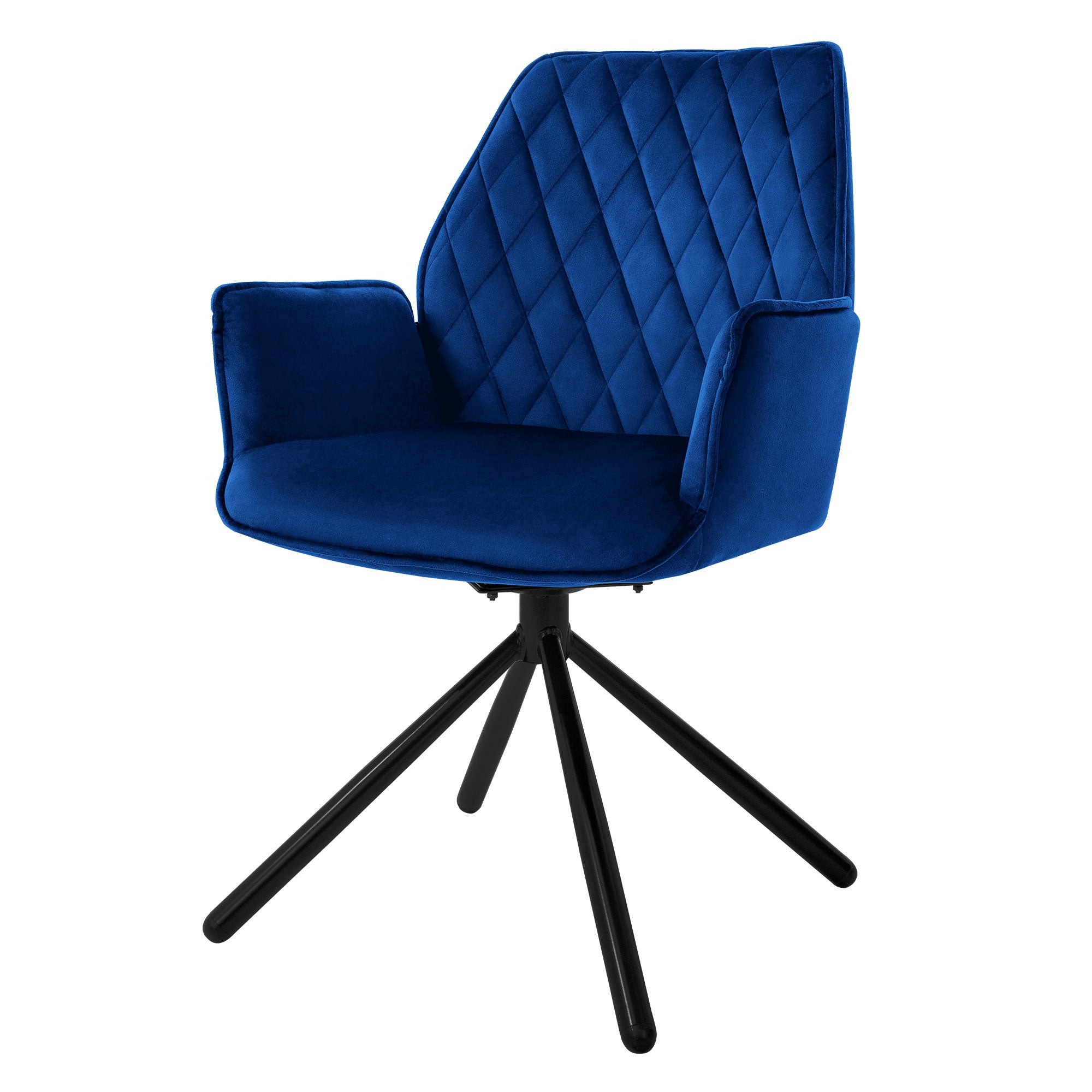 Blauer Stuhl mit Rautenmuster und drehbarem Fuß auf weißem Hintergrund.