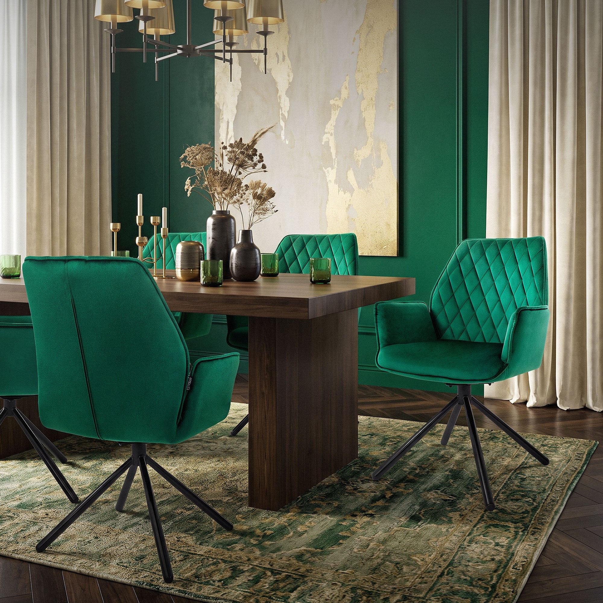 Comedor con alfombra verde, mesa y sillas en un espacio moderno.
