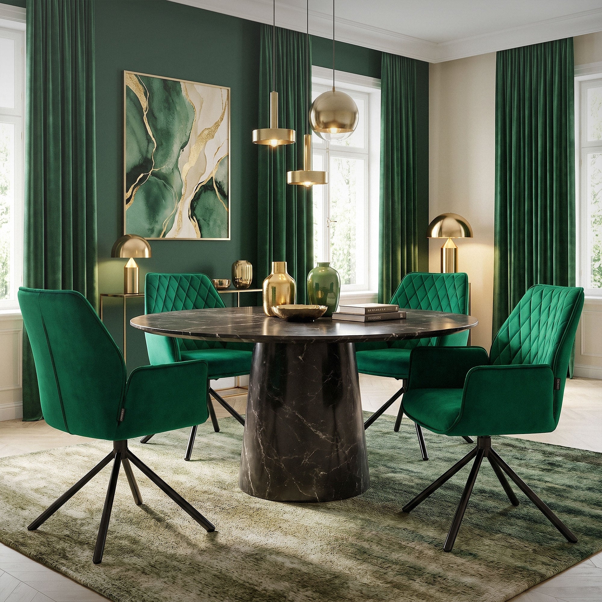 Un elegante comedor con una mesa redonda y sillas verdes.