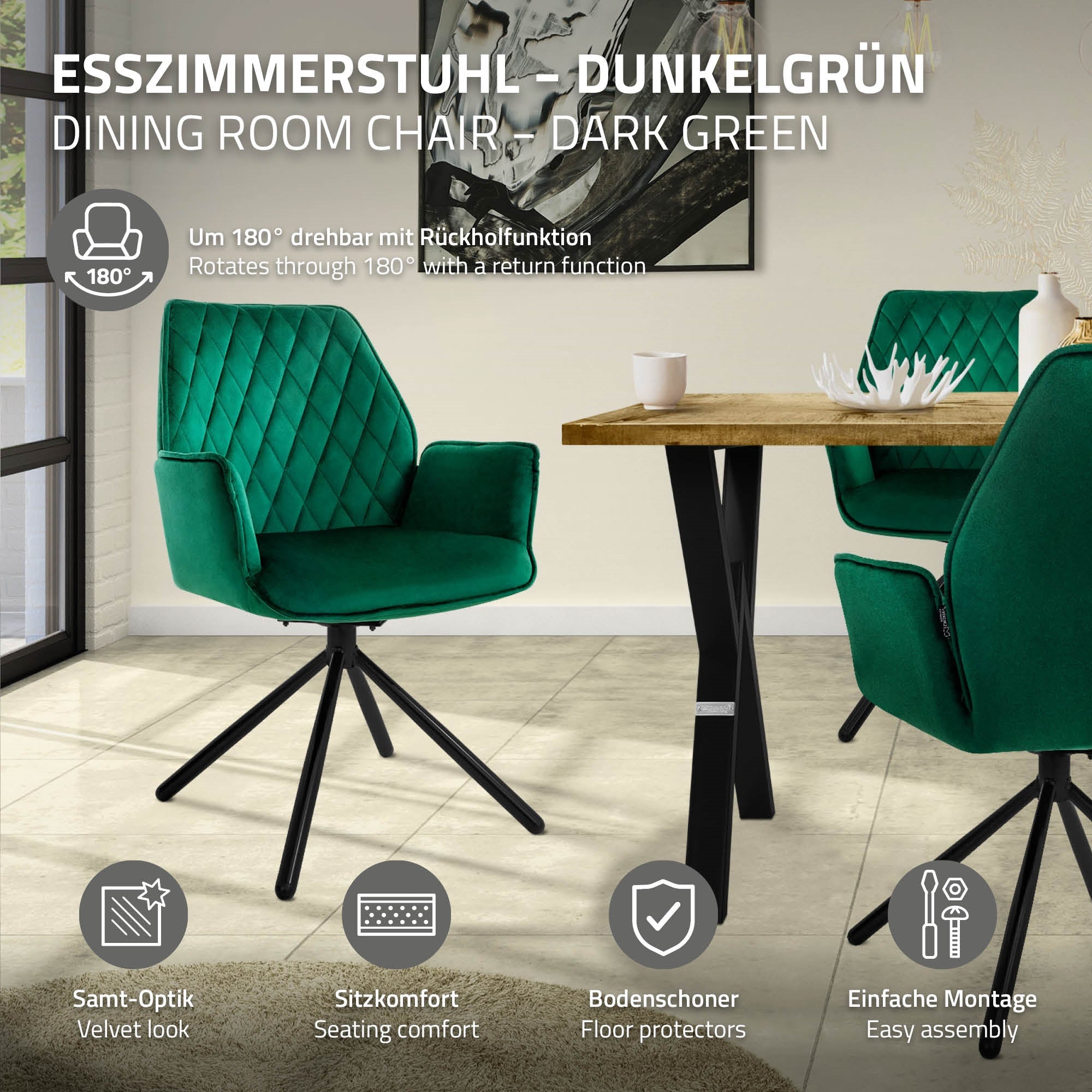 Silla de comedor verde oscuro con función giratoria y mesa al fondo.