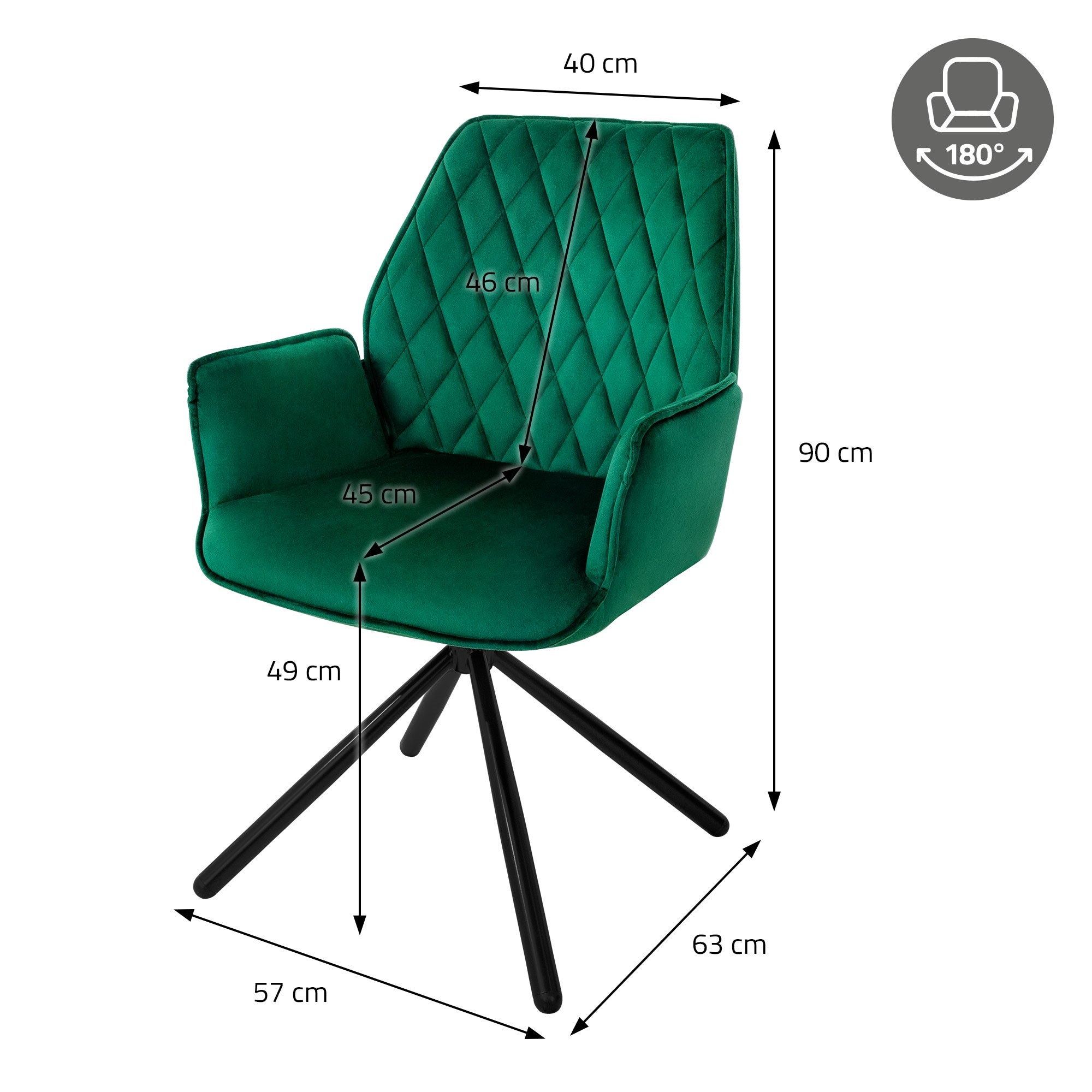 Dibujo de medidas de una silla verde con dimensiones en cm.