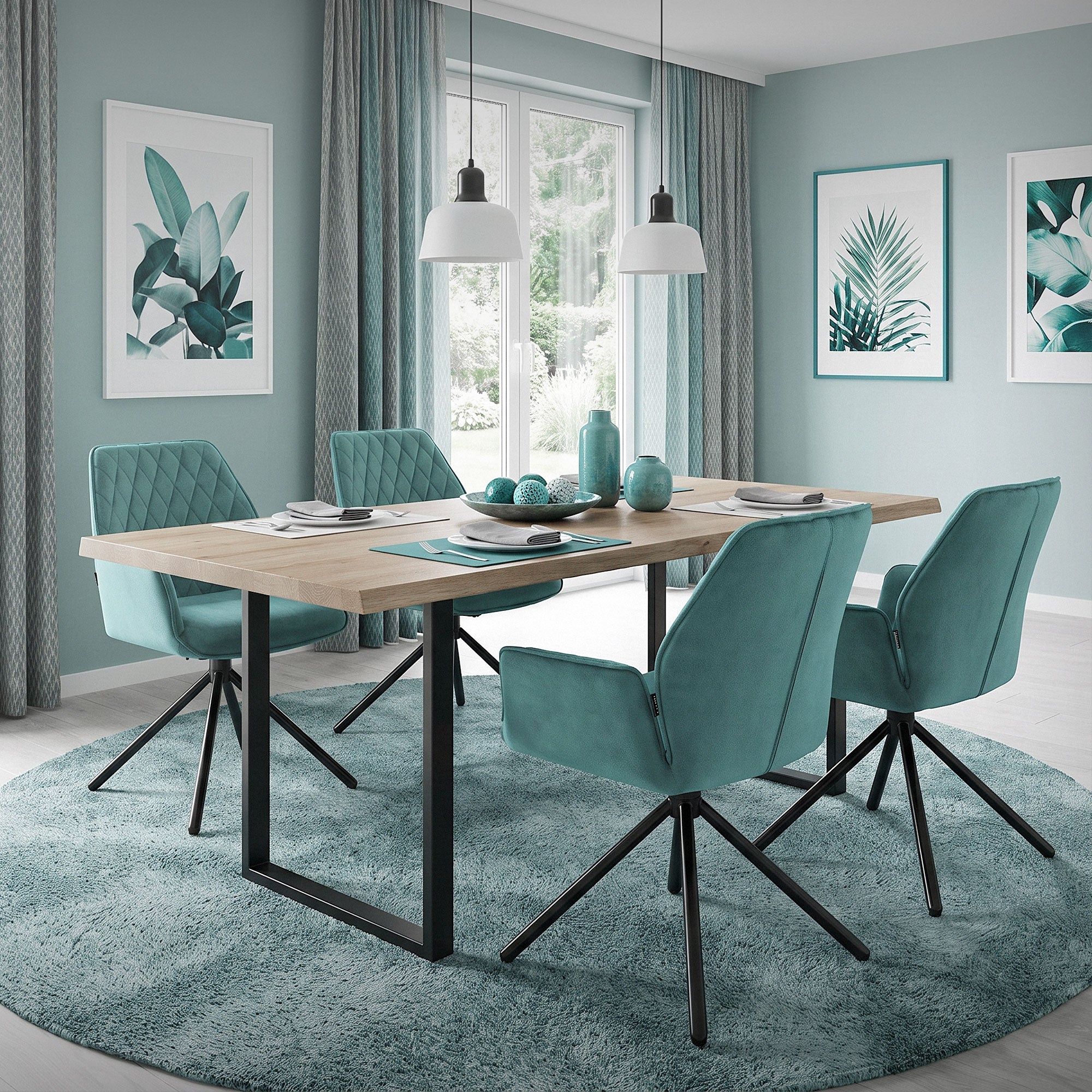 Ein Esszimmer mit einem rechteckigen Tisch und vier türkisfarbenen Stühle