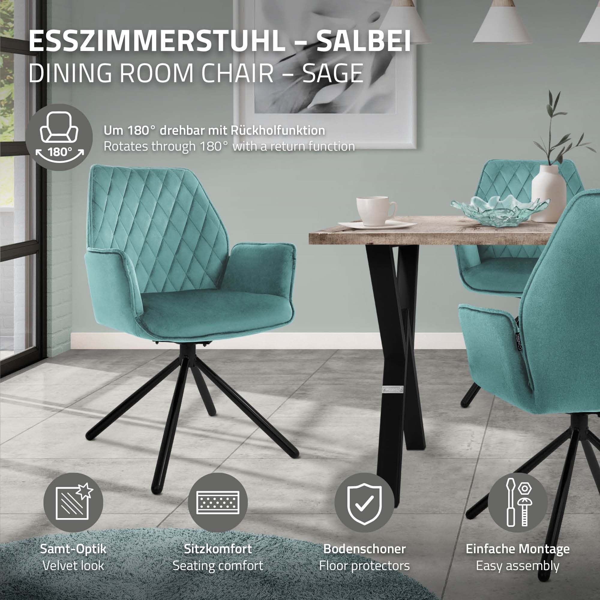 Ein Esszimmerstuhl in Türkis mit Informationen zu Funktionen und Montage.