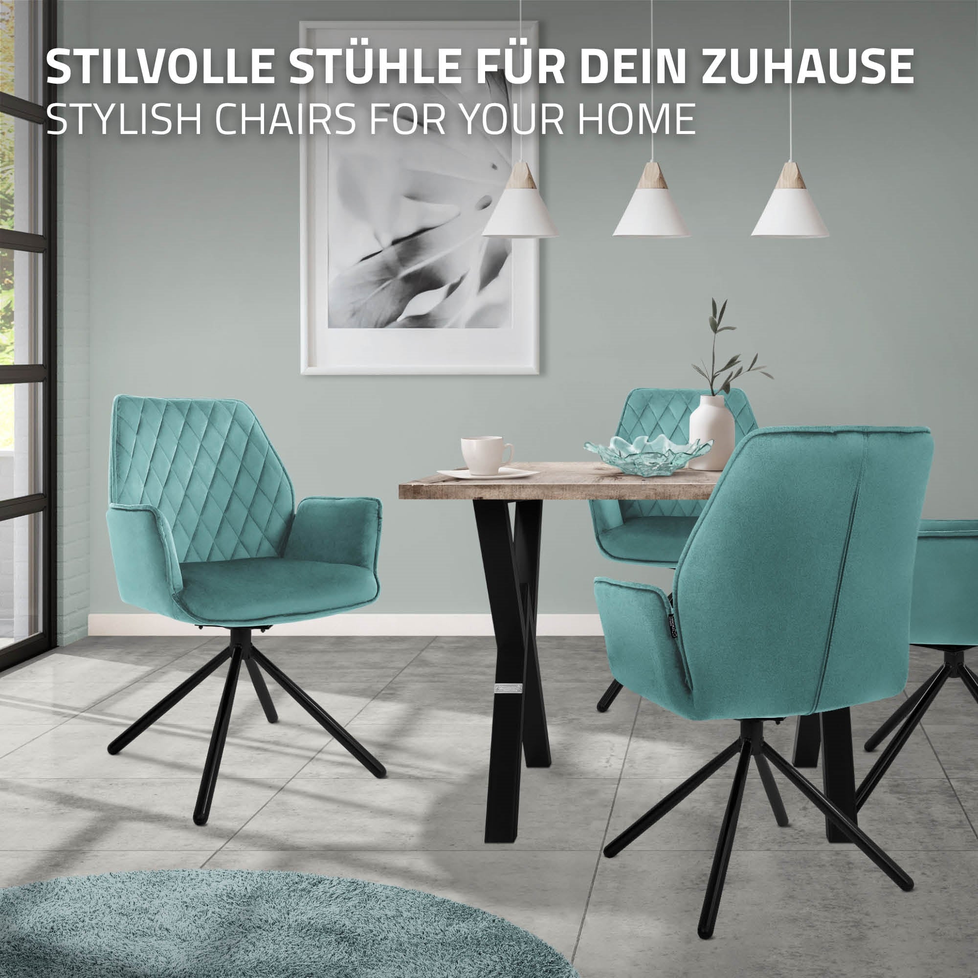 Moderne Stühle in Türkisfarbe um einen Tisch in einem hellen Raum.