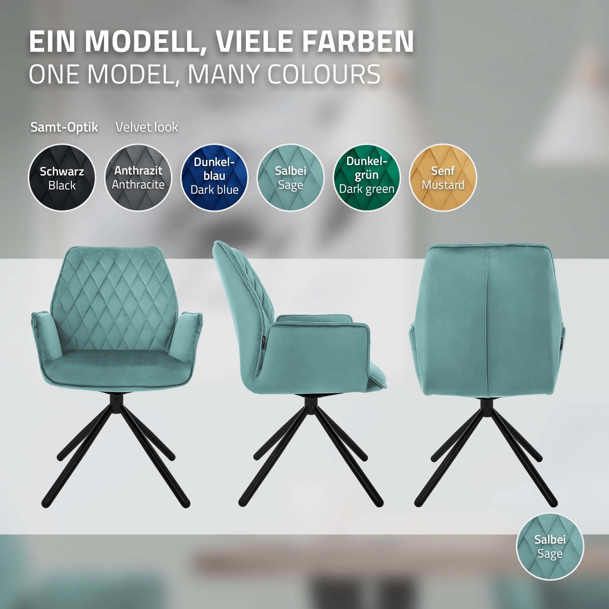 Ein Stuhl in verschiedenen Farben, darunter Schwarz, Anthrazit, Dunkelbla