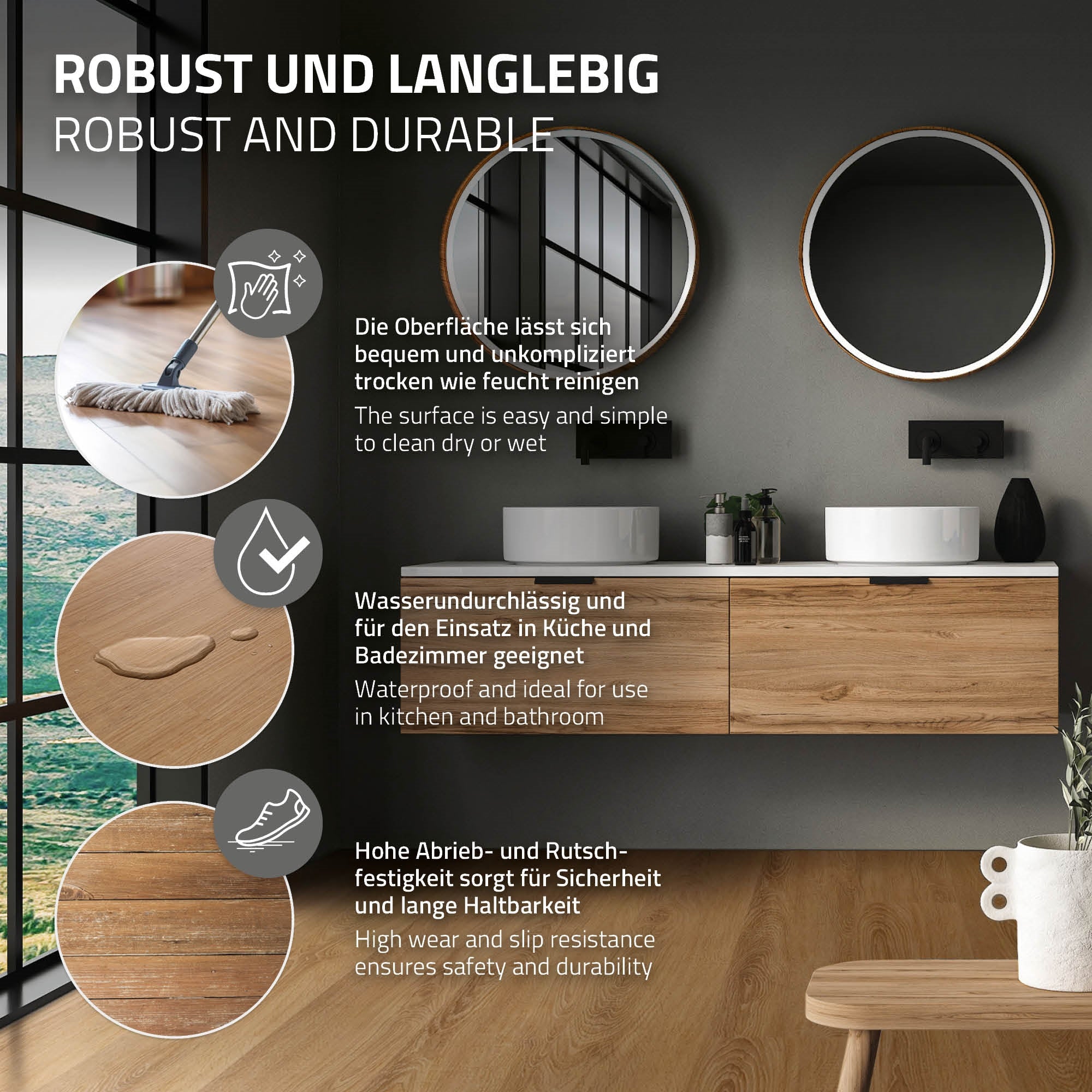 Holzoberfläche mit Waschmittel und Wasser, zwei Waschbecken im Hintergrund.