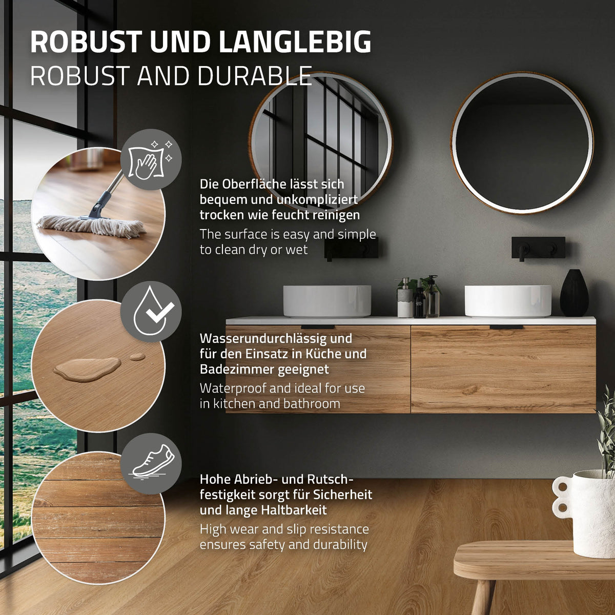 Holzoberfläche mit Waschmittel und Wasser, zwei Waschbecken im Hintergrund.