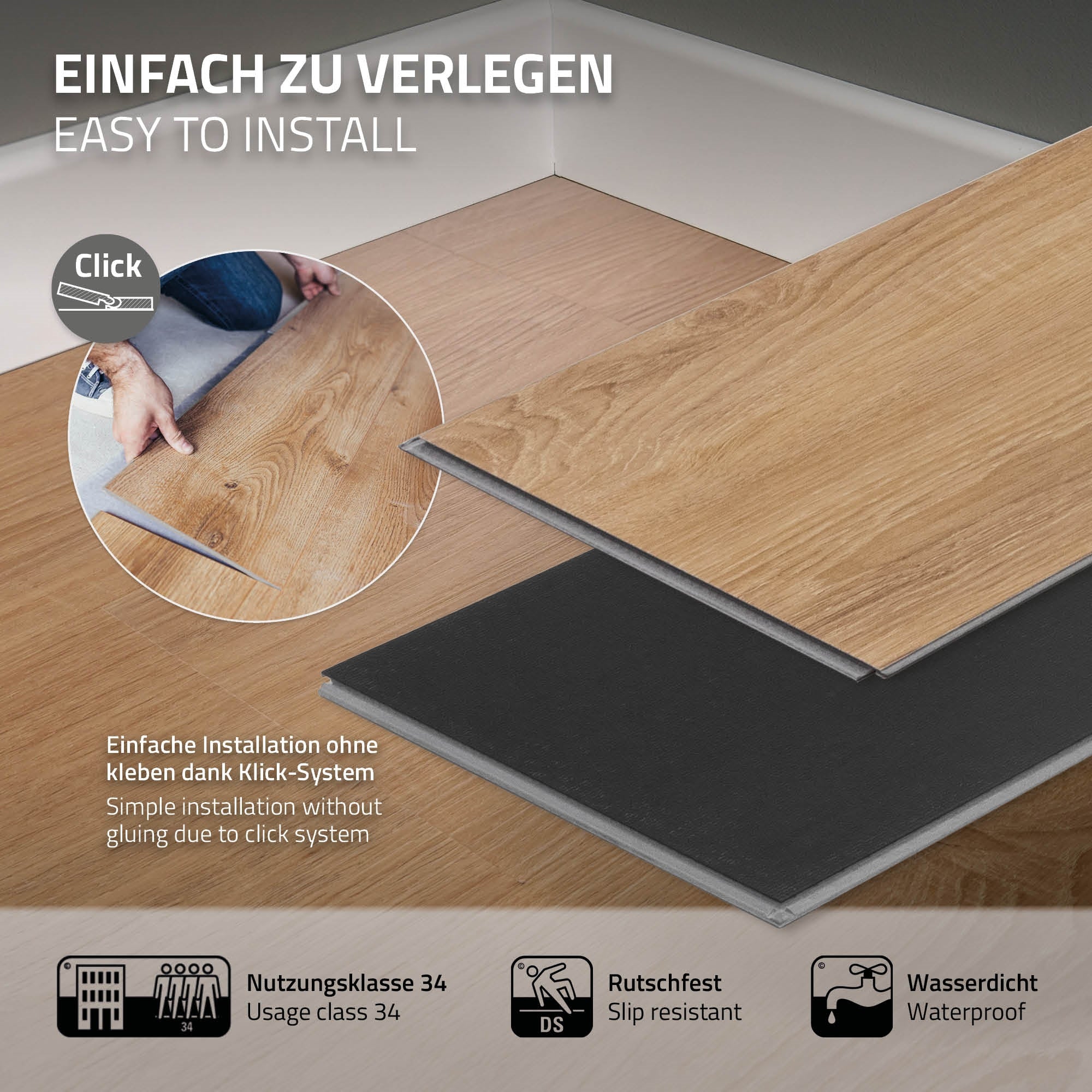 Bodenbelag mit Klick-System, einfache Installation, wasserfest, rutschfest.