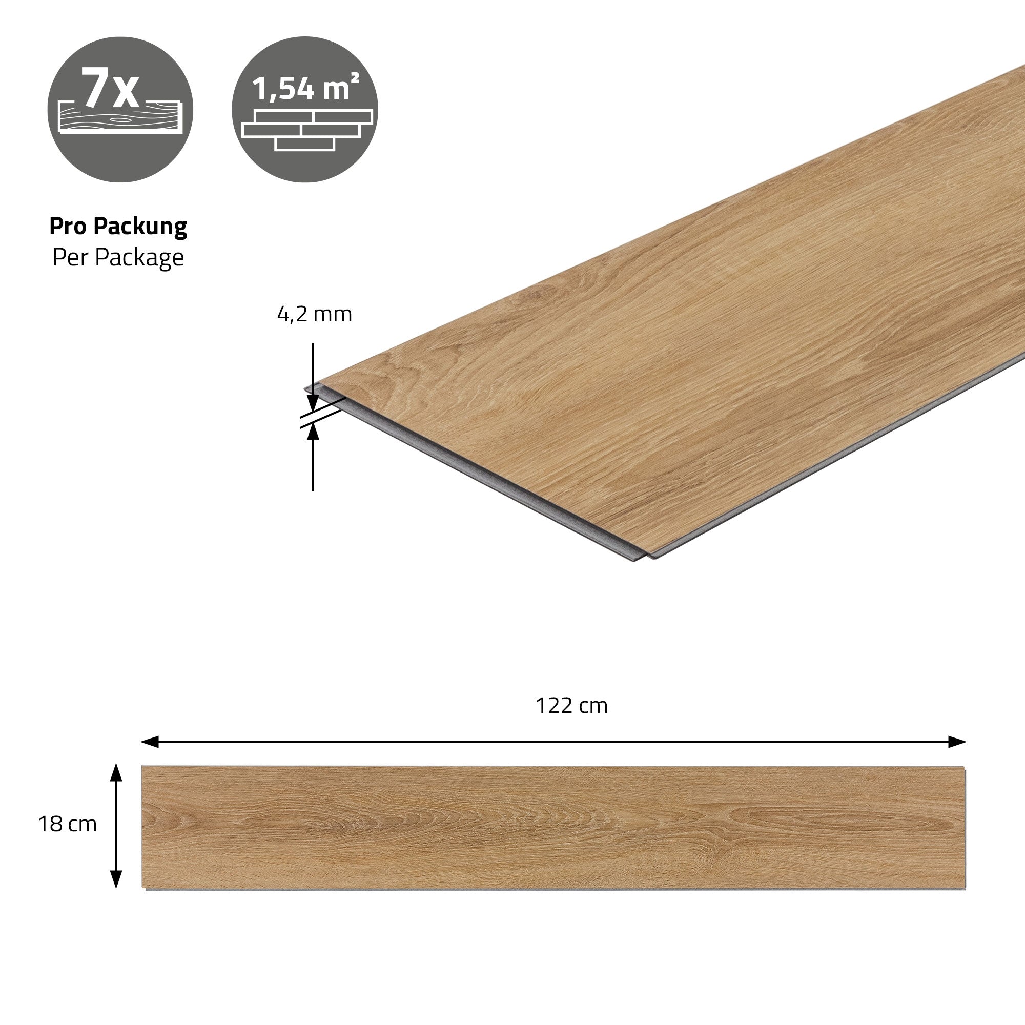Laminatplatte in heller Holzoptik mit Maßangaben und Verpackungsinformationen.