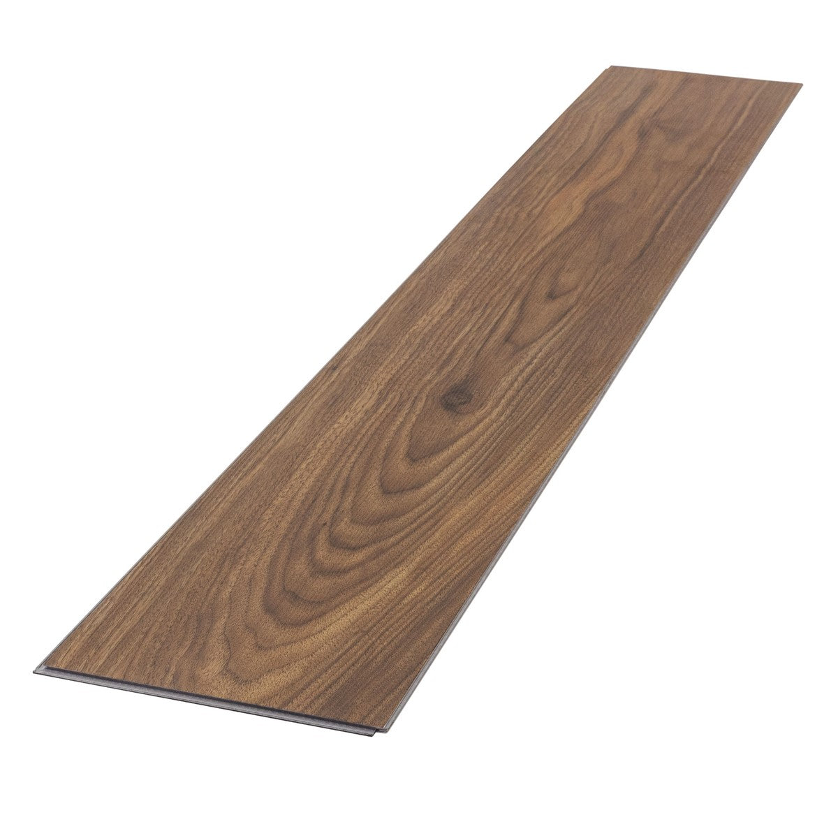 Lange Holzplatte in dunkler Walnuss auf weißem Hintergrund.