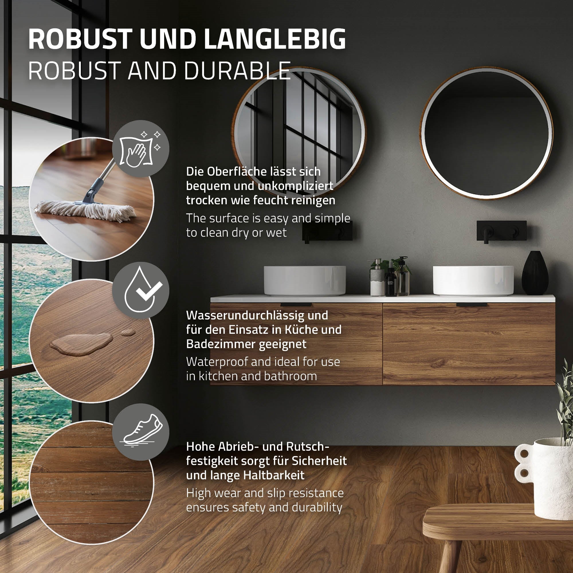 Holzoberfläche mit Waschmittel und Wasser, zwei Waschbecken im Hintergrund.